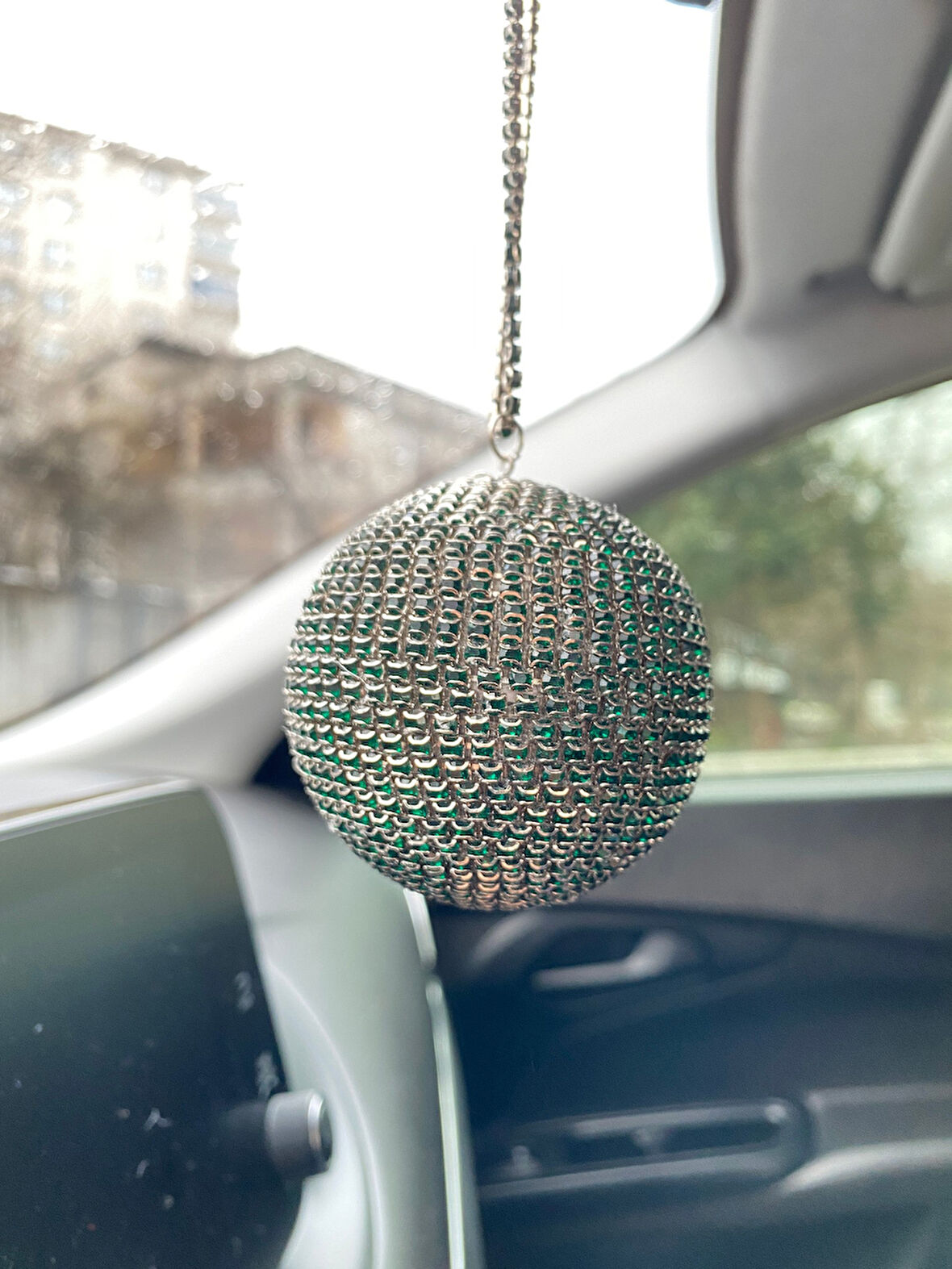Kristal Taşlı Disko Topu Dikiz Ayna Süsü Küçük 6cm Zümrüt Yeşil