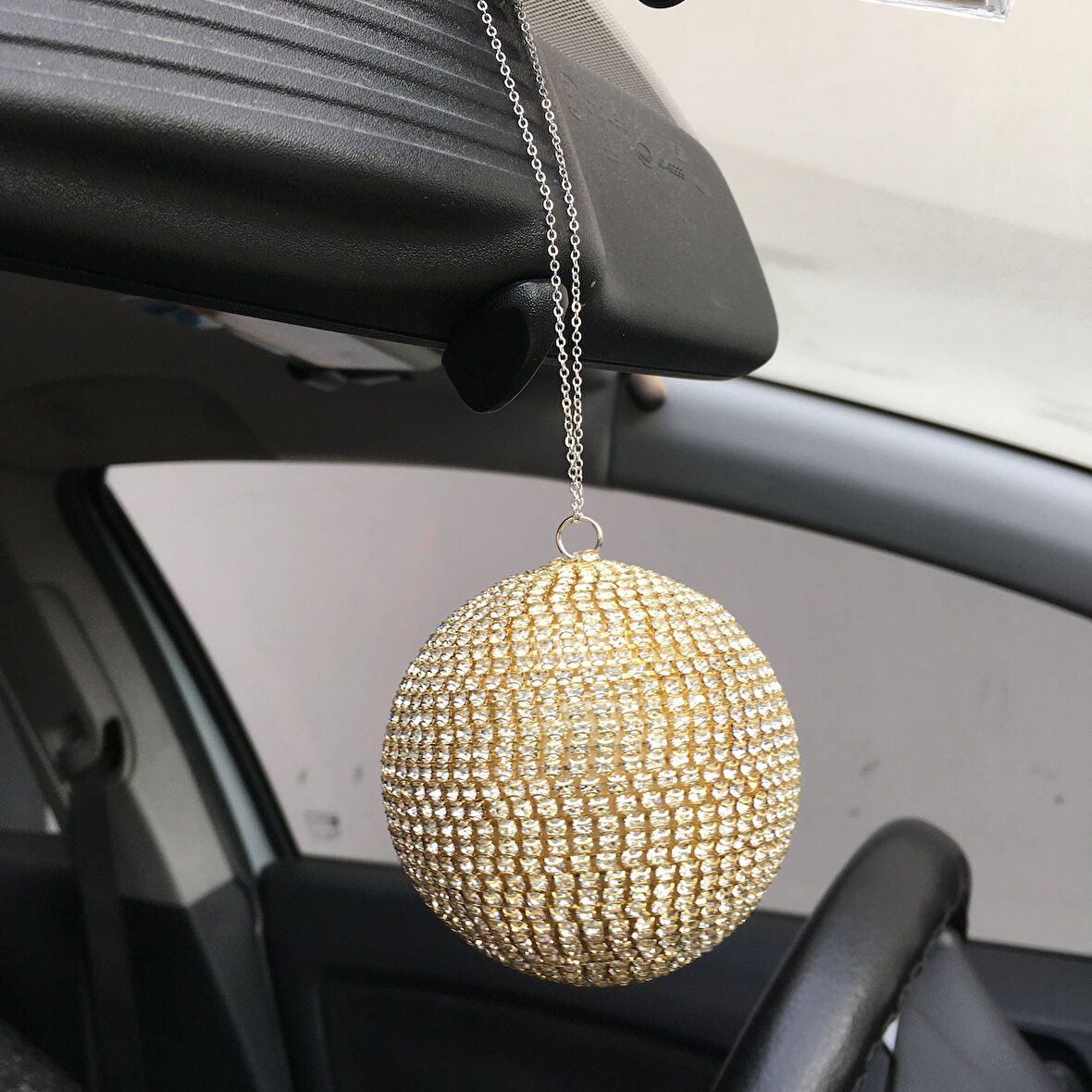 Kristal Taşlı Disko Topu Dikiz Ayna Süsü Büyük 8cm Altın