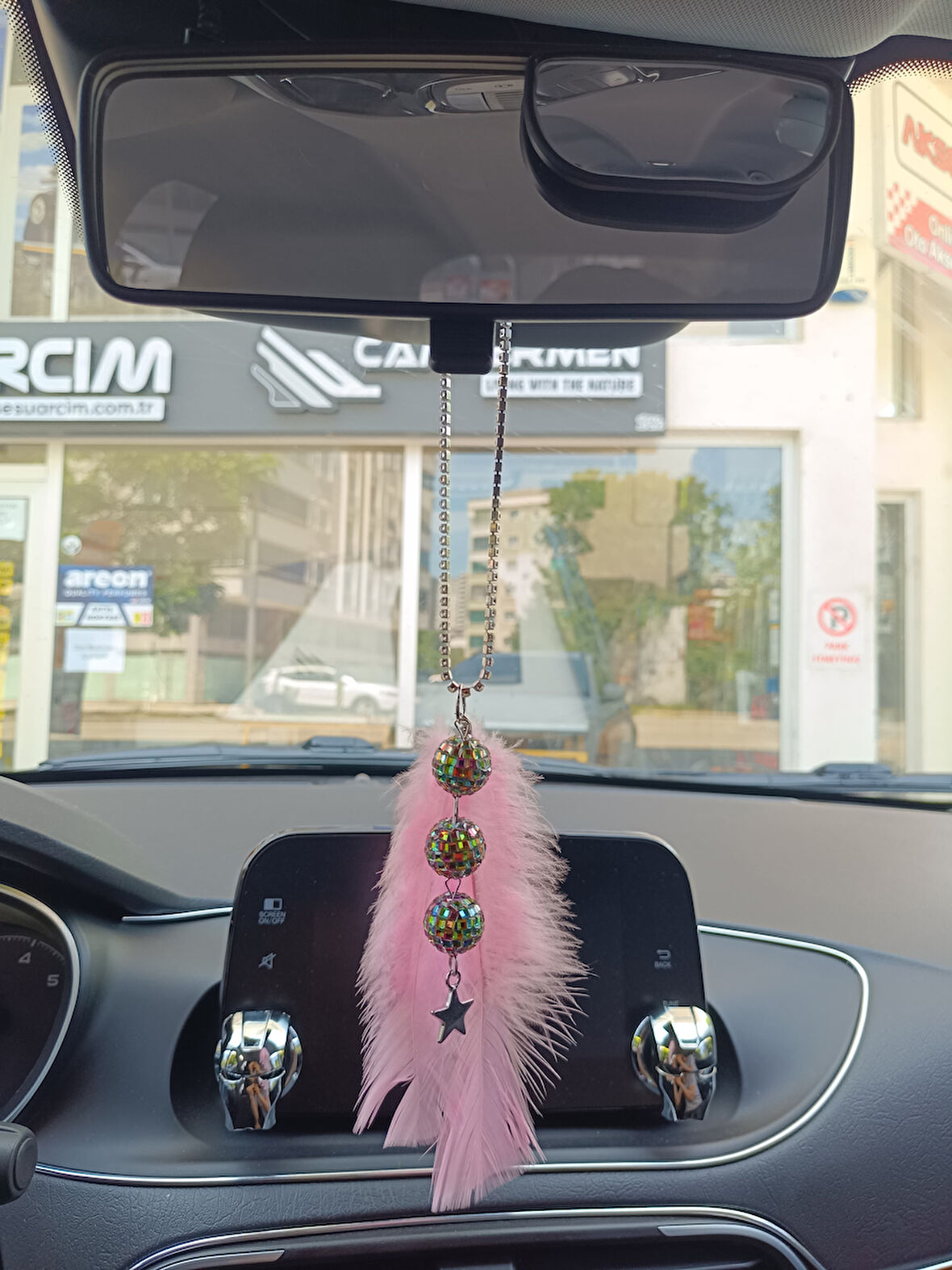 Disko Toplu Metal Yıldız Dikiz Ayna Süsü Şeker Pembe Tüylü