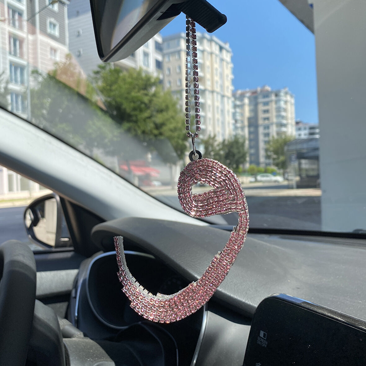 Kristal Taşlı Vav Lafzı Dikiz Ayna Süsü Pembe