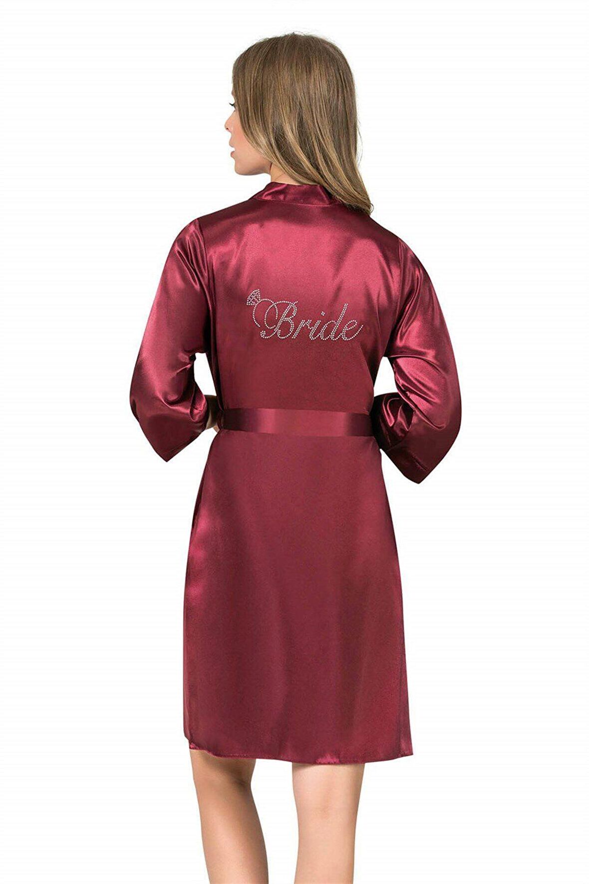 Bordo Kısa Saten Bride Sabahlık