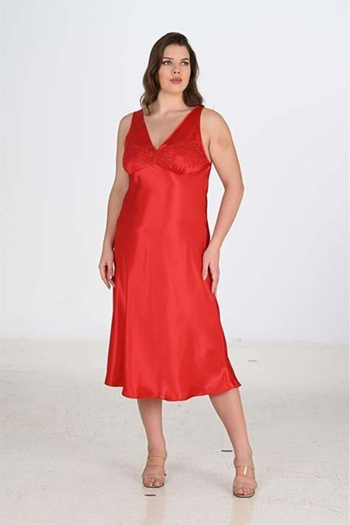 Ahu 2li Kırmızı Sabahlık Takımı Bigsize 6226