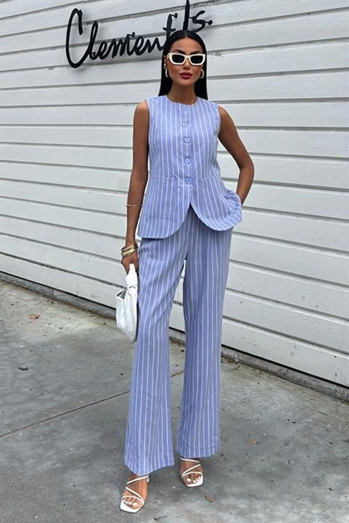 Çizgili Viscon Keten Yelekli Rahat Takım 10121