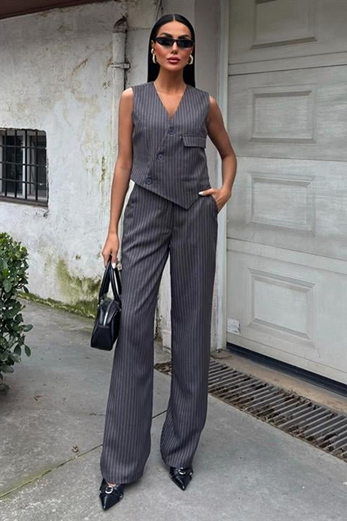 Yeleği Çapraz Detay Düğmeli Cepli Yelekli Takım 10150