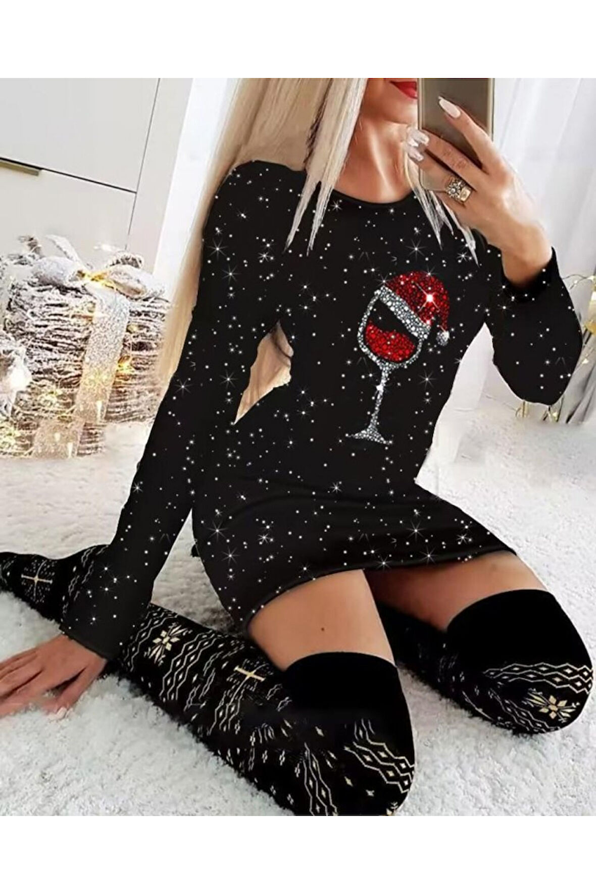 Kadın Uzun Kollu Taş Kadeh Baskı Mikro Mini Boy Elbise