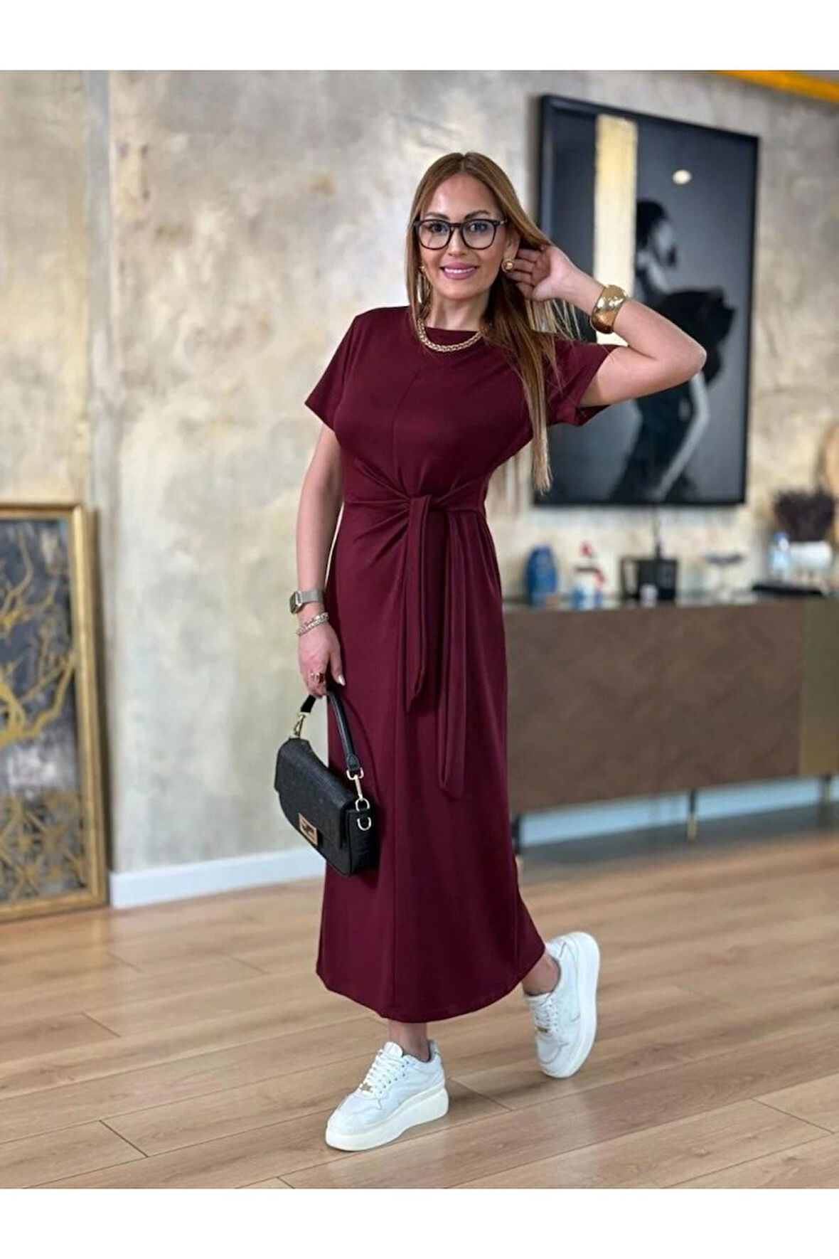 Kadın Kısa Kollu Bisiklet Yaka Yandan Bağlamalı Viskon Iki Iplik Elbise