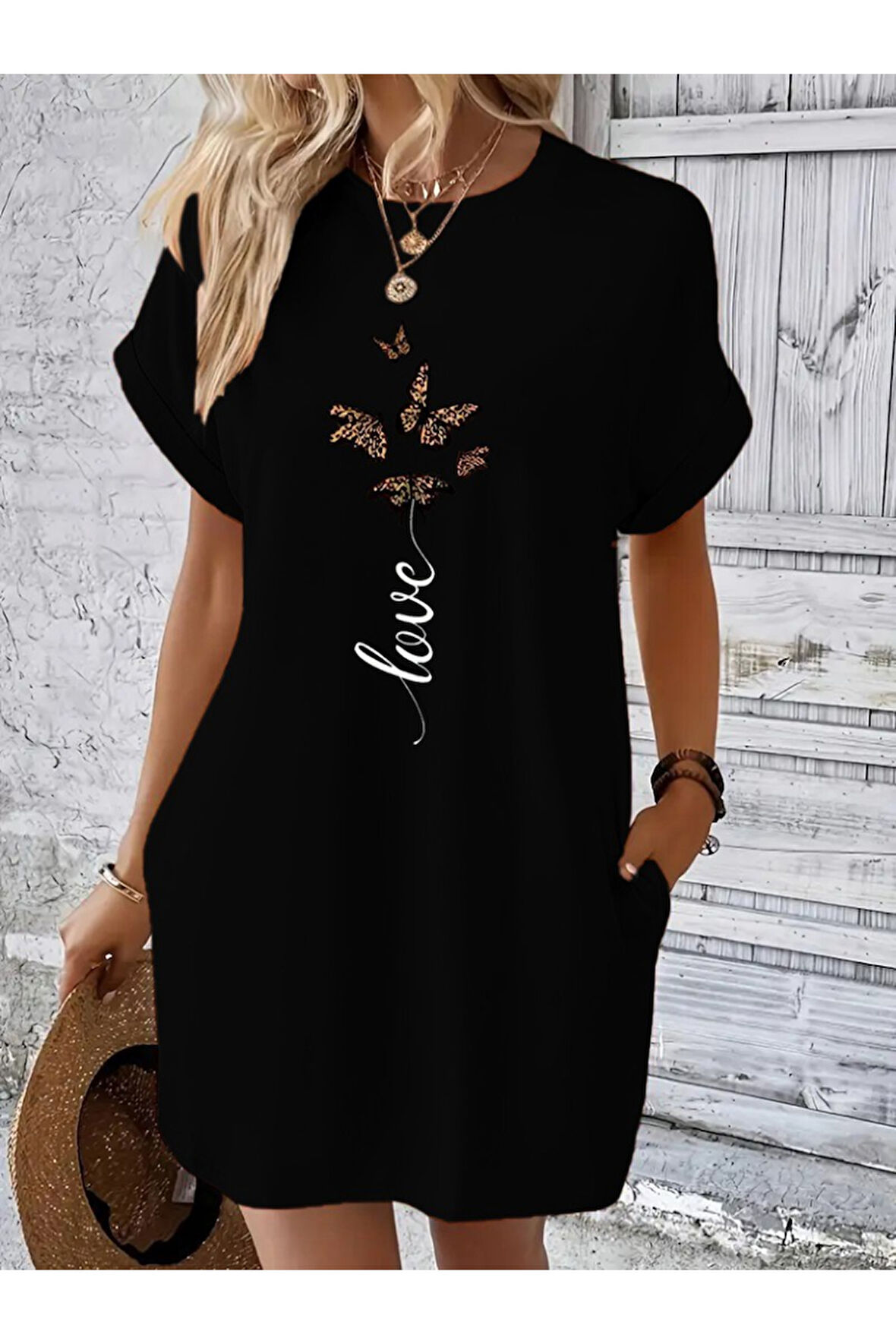 Kadın Kısa Kollu Bisiklet Yaka Cepli Kelebek Baskılı Viskon Elbise