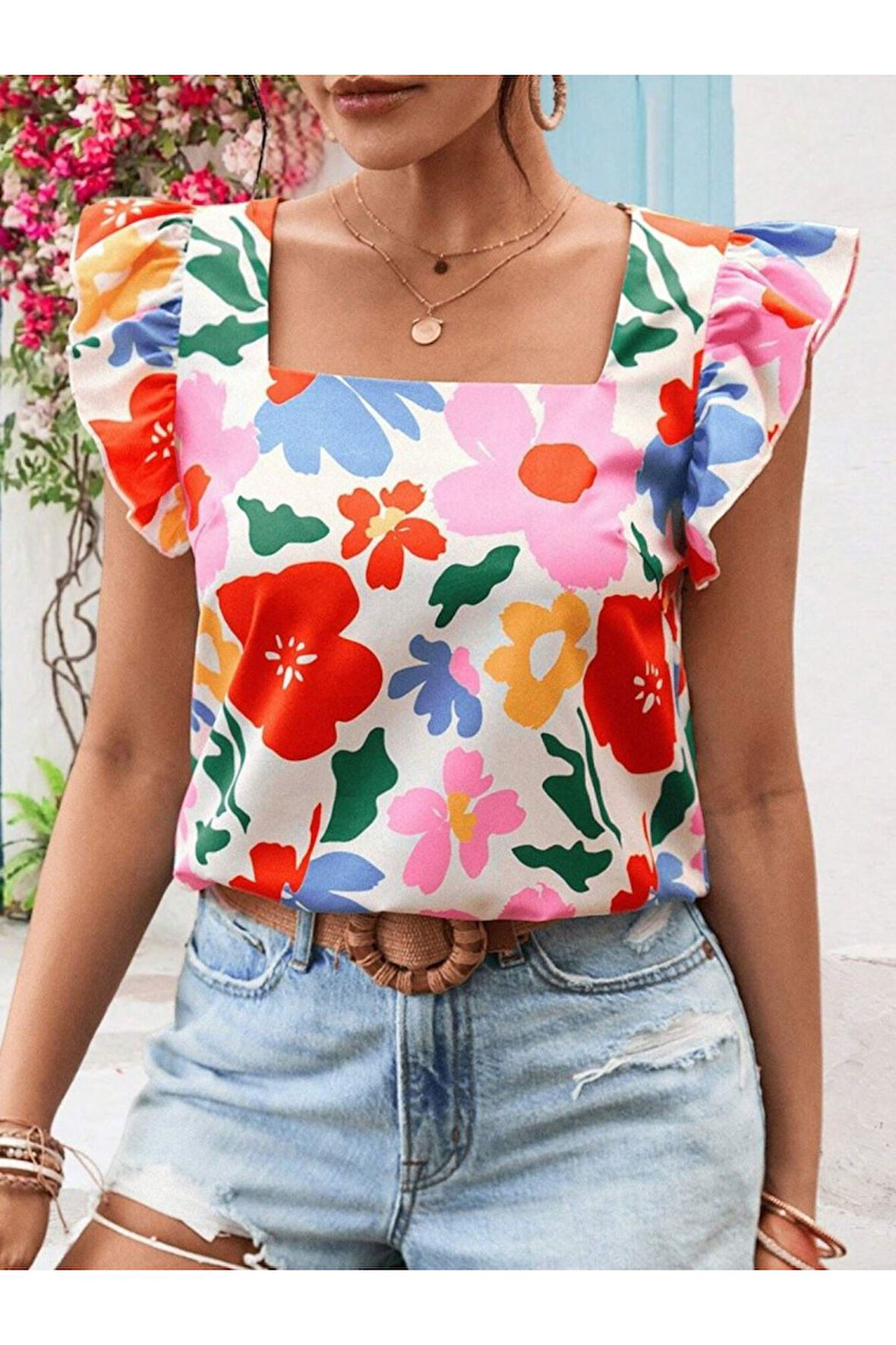 Kadın Kısa Fırfır Kollu Kare Yaka çiçek Desenli Ithal Keten Bluz