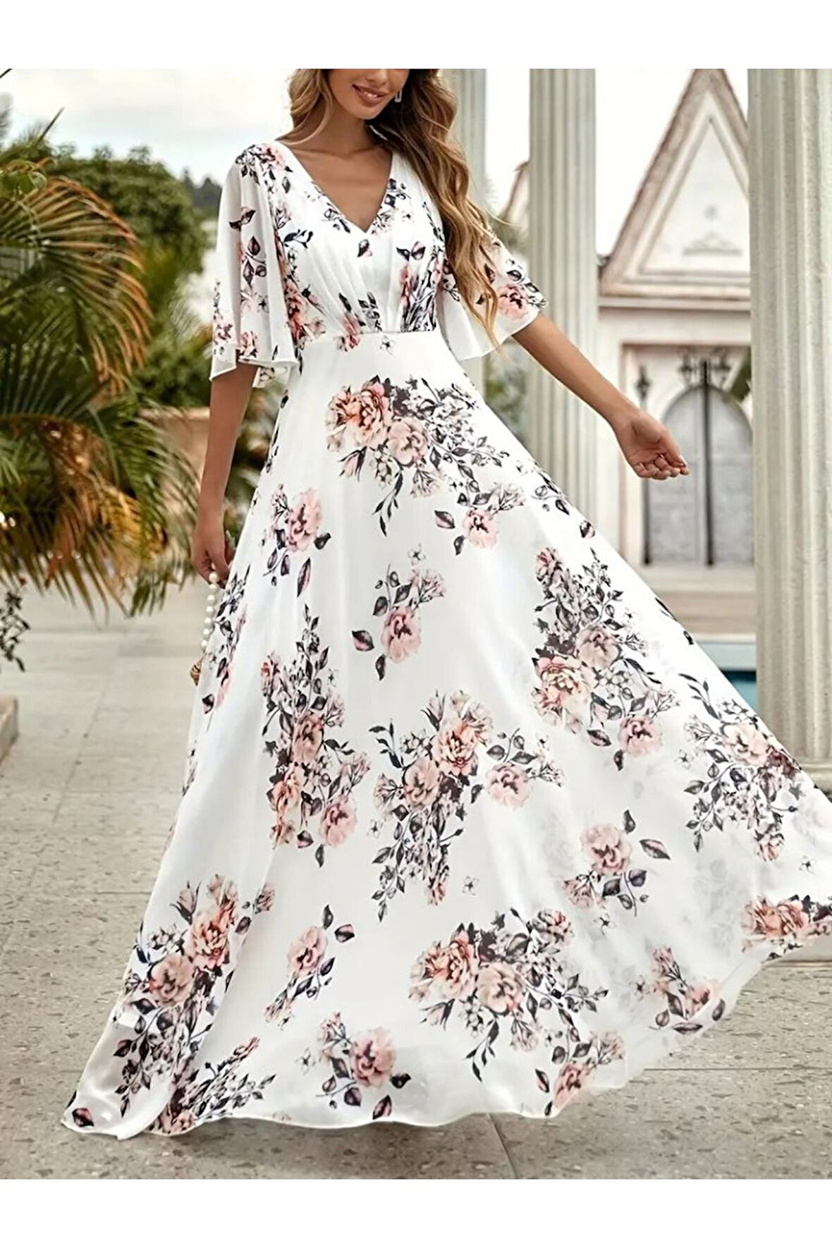 Kadın Kısa Kollu V Yakalı çiçek Desenli Süprem Elbise