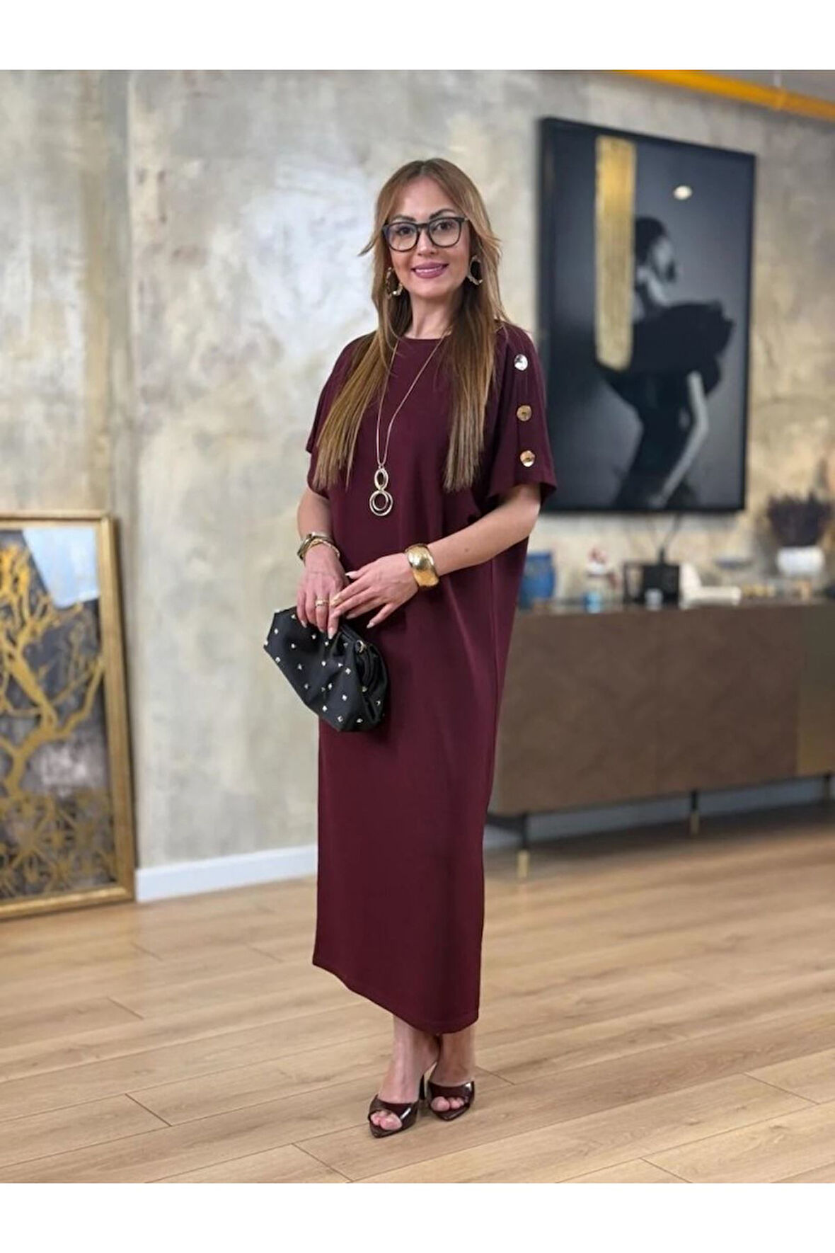 Kadın Kısa Kollu Bisiklet Yaka Omuzdan Düğmeli Uzun Viskon Iki Iplik Elbise