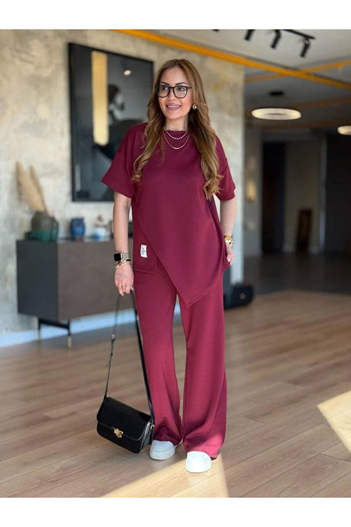 Kadın Kısa Kollu Bisiklet Yaka Asimetrik Viskon Iki Iplik Bluz Ve Pantolon Ikili Takım