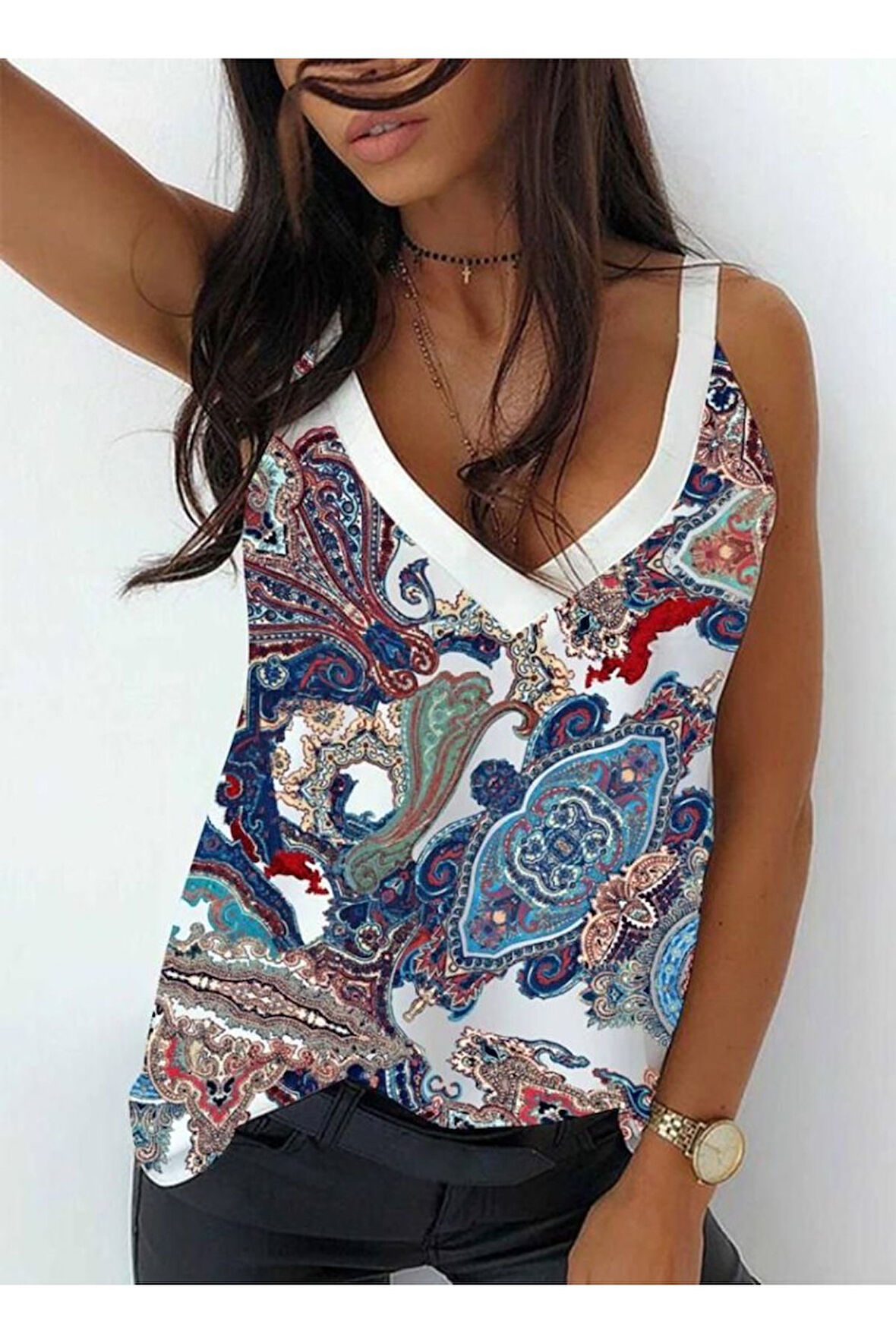 Kadın Omuz Askılı V Yaka Dijital Baskı Detay Mikro Kumaş Bluz