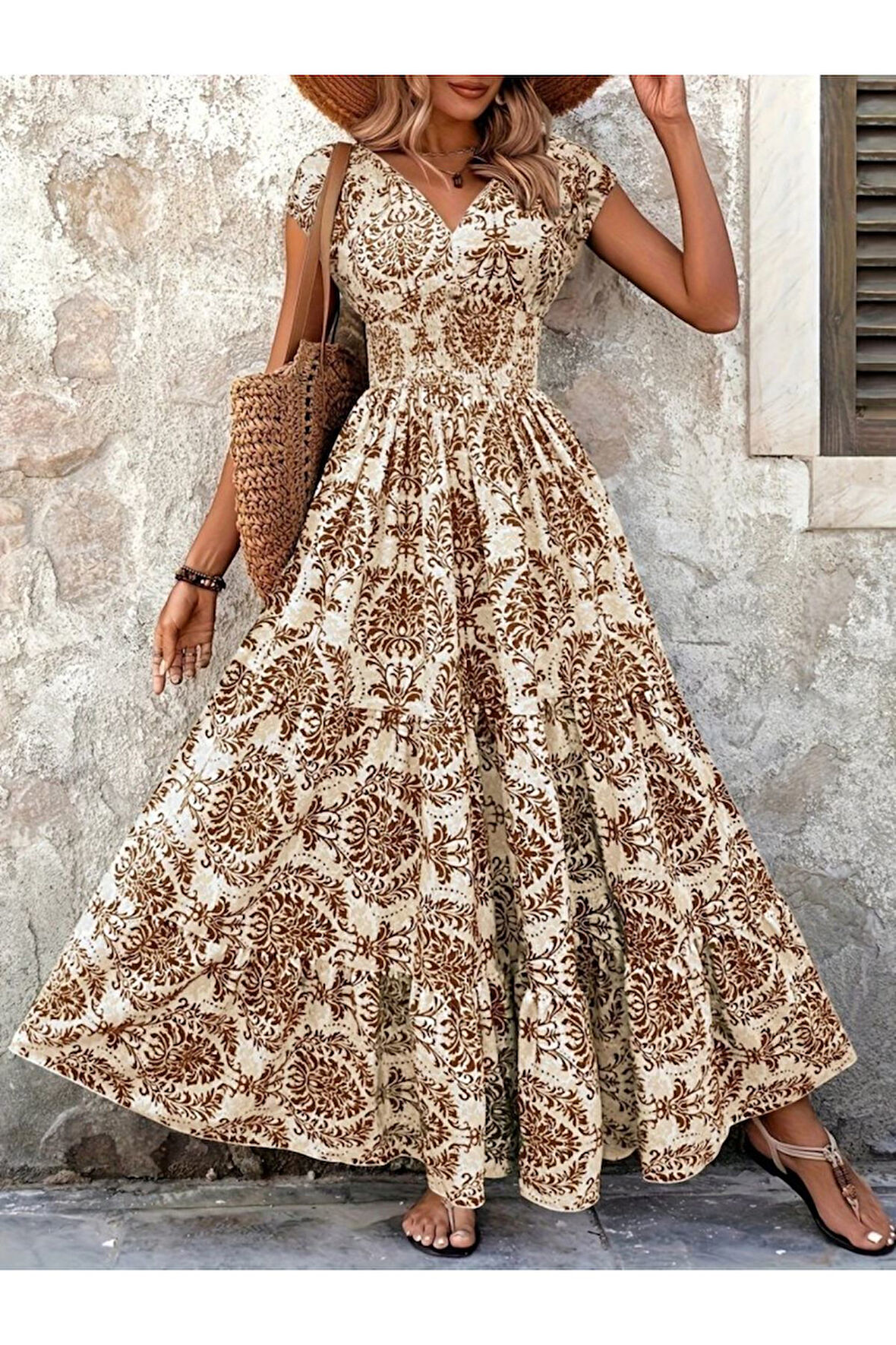 Kadın Kısa Kollu Kruvaze Yaka Beli Lastikli Süprem Maksi Boy Elbise