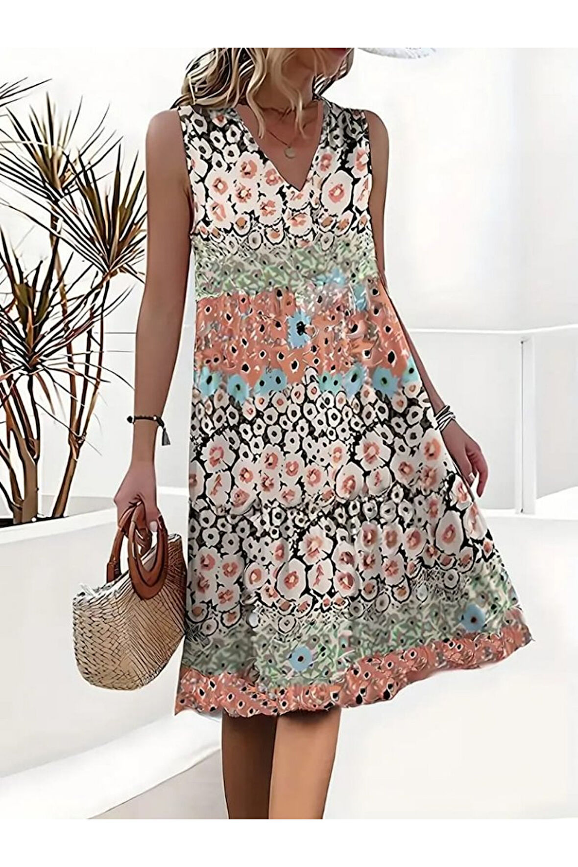 Kadın Kolsuz V Yaka çiçek Desenli Süprem Elbise