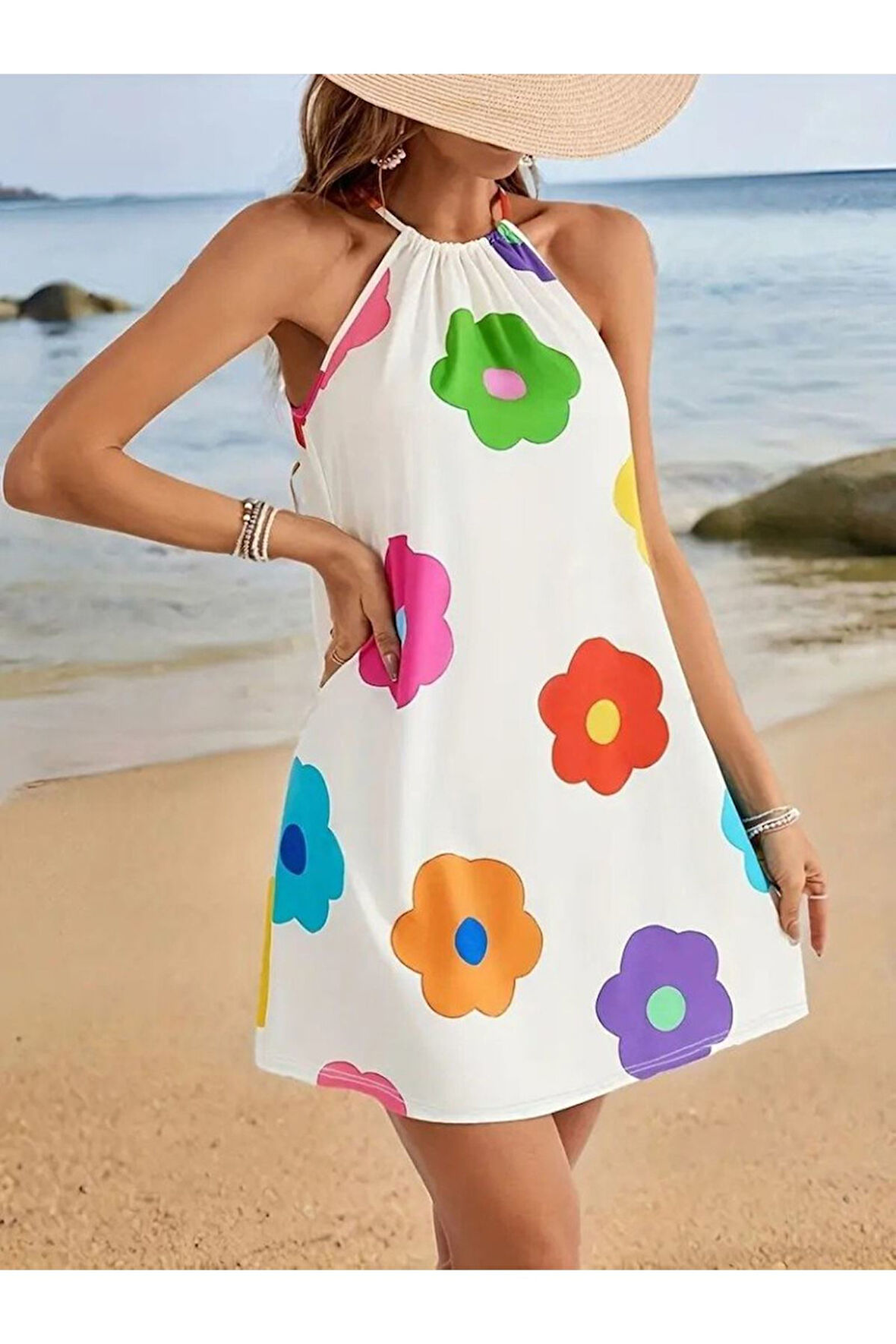 Kadın Boyundan Askılı Kolsuz çiçek Desenli Süprem Elbise