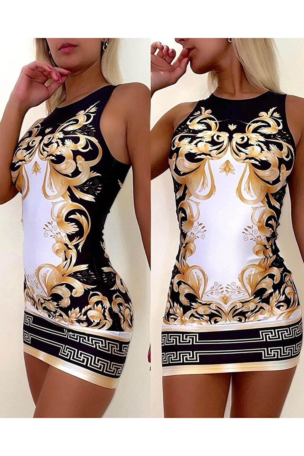 Kadın Sıfır Kollu Bisiklet Yaka Dijital Baskı Dalgıç Mini Elbise
