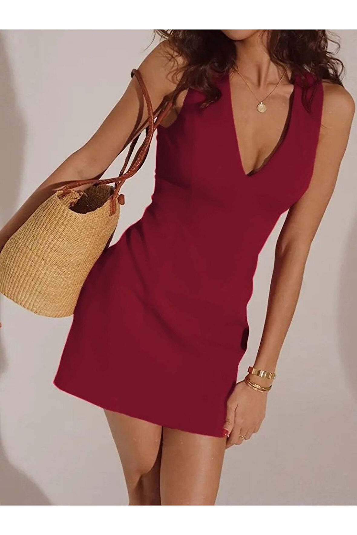 Kadın Sıfır Kollu Derin V Yakalı Janjan Krep Elbise