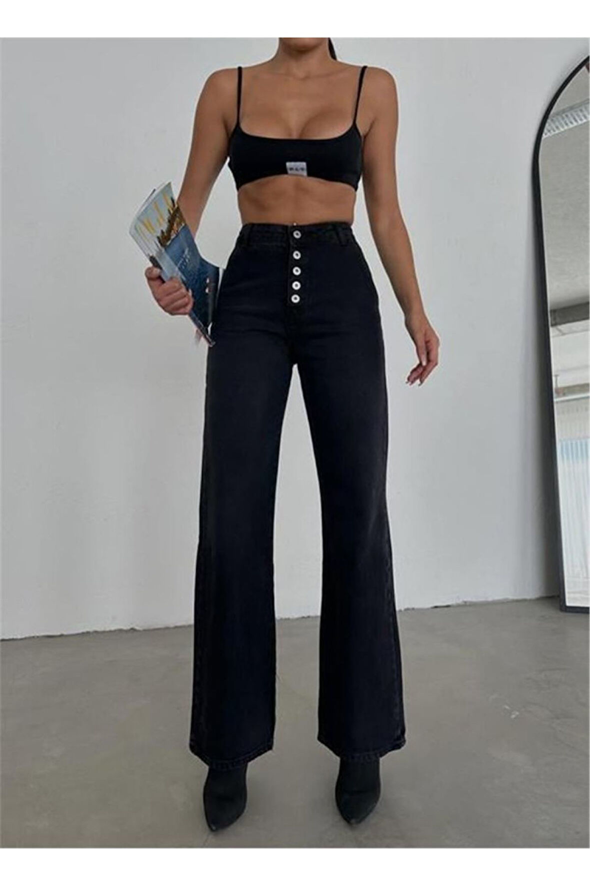 DÜĞMELİ KOT PANTOLON - Siyah