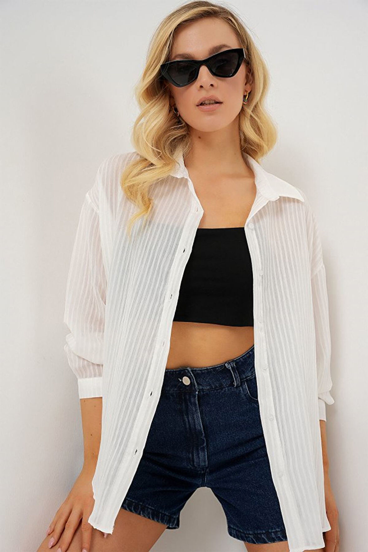 Uzun Oversize Gömlek 20320 - Beyaz