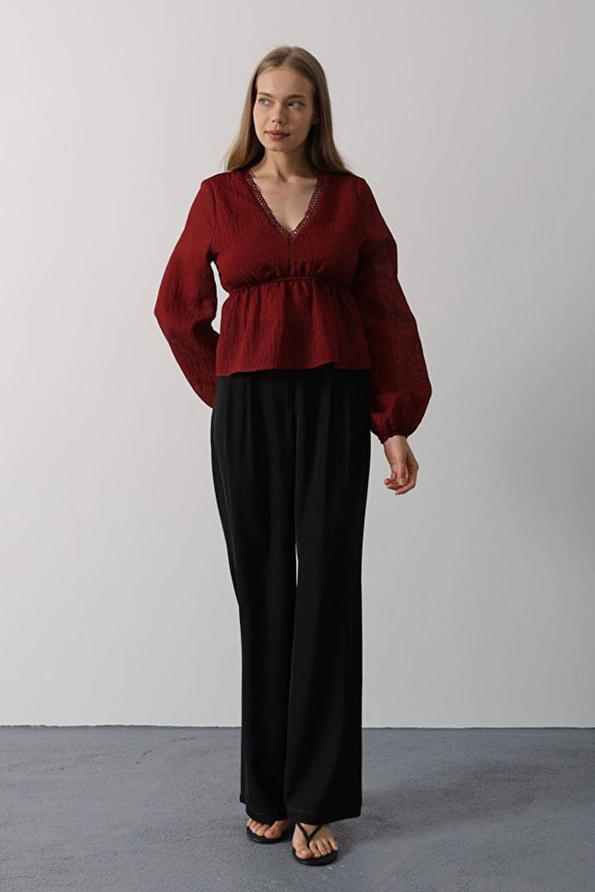 V Yaka Dantelli Bluz - Bordo
