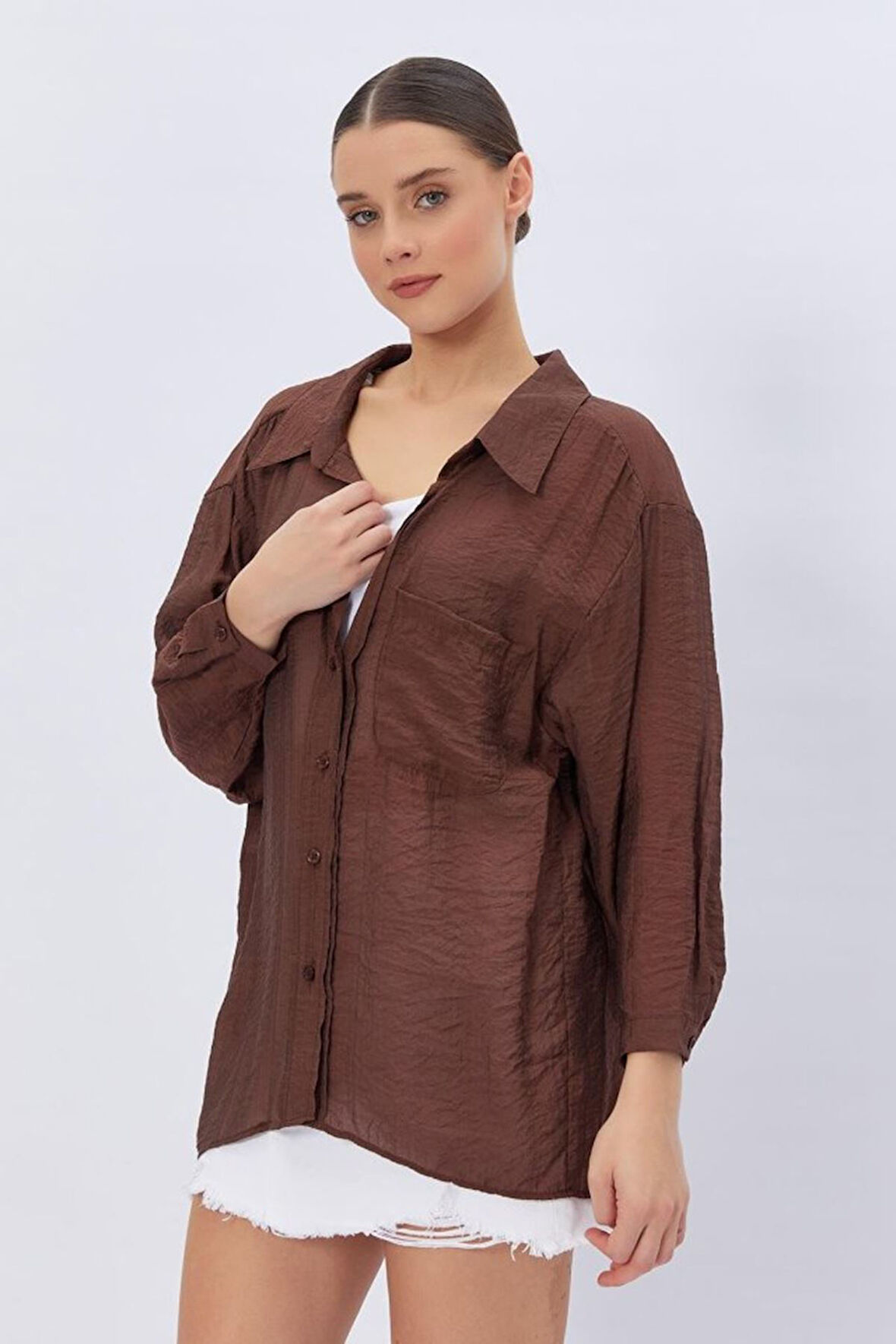 Cepli Oversize Gömlek - Kahve