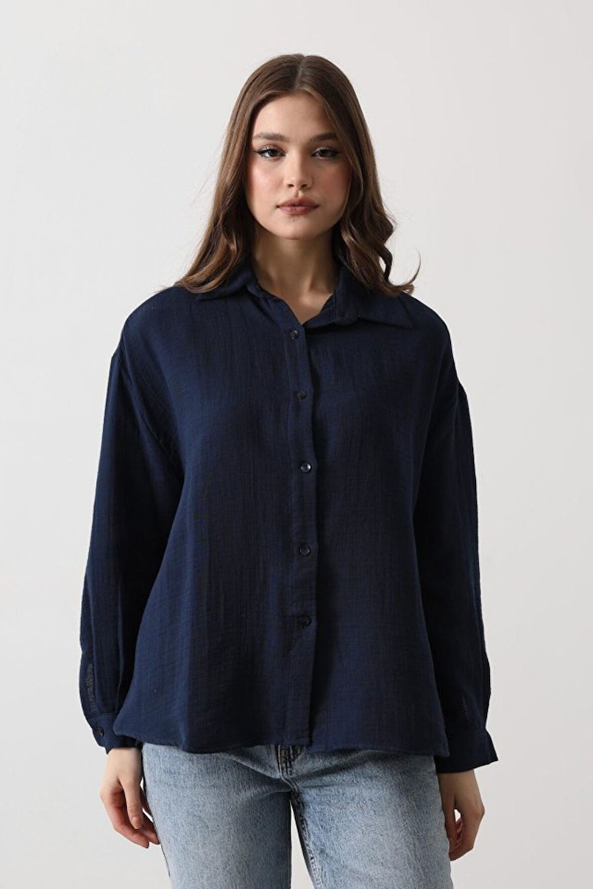 Müslin Uzun Kol Gömlek - Bebe Mavisi