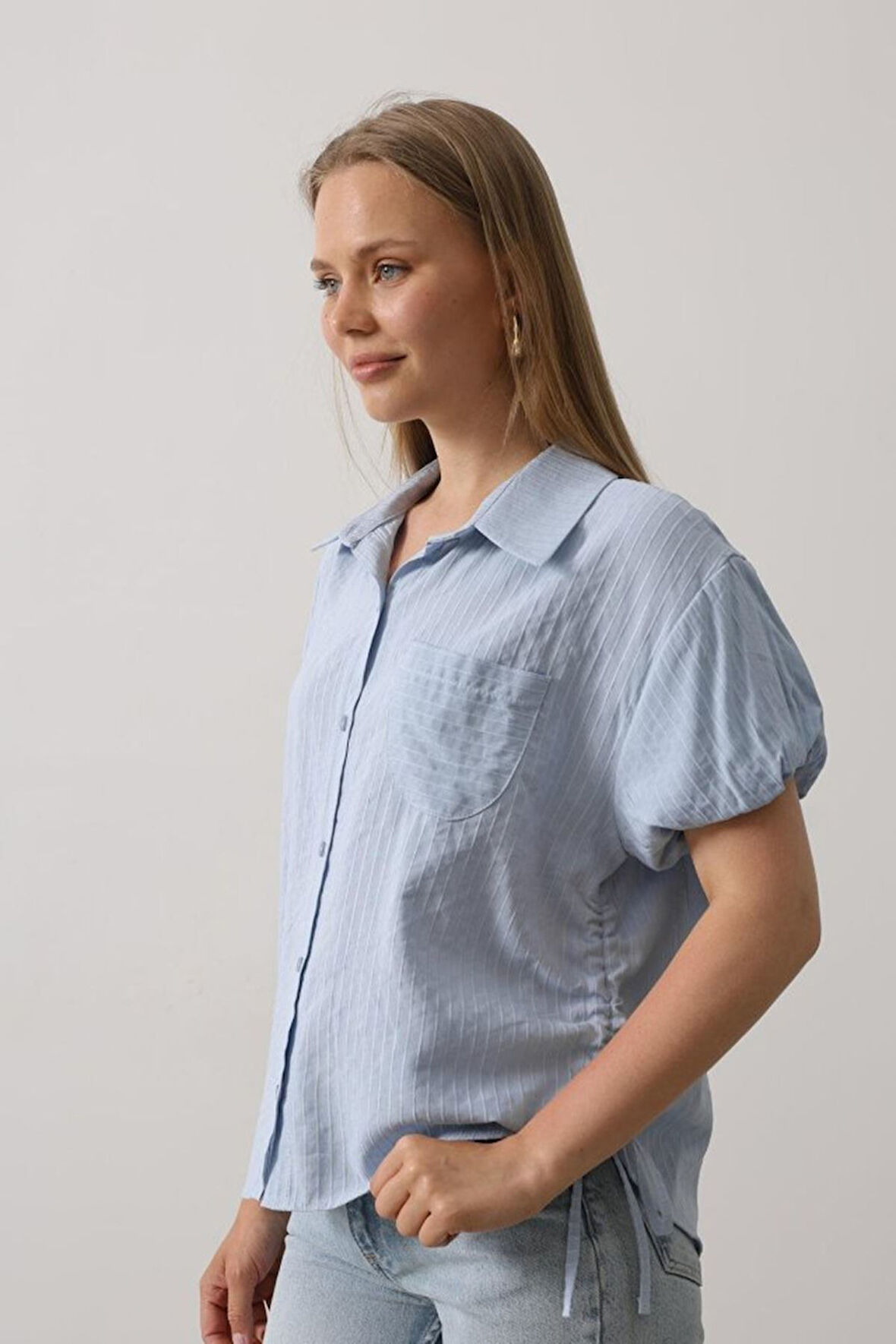 Yanlar Büzmeli Kısa Balon Kol Gömlek - Bebe Mavisi