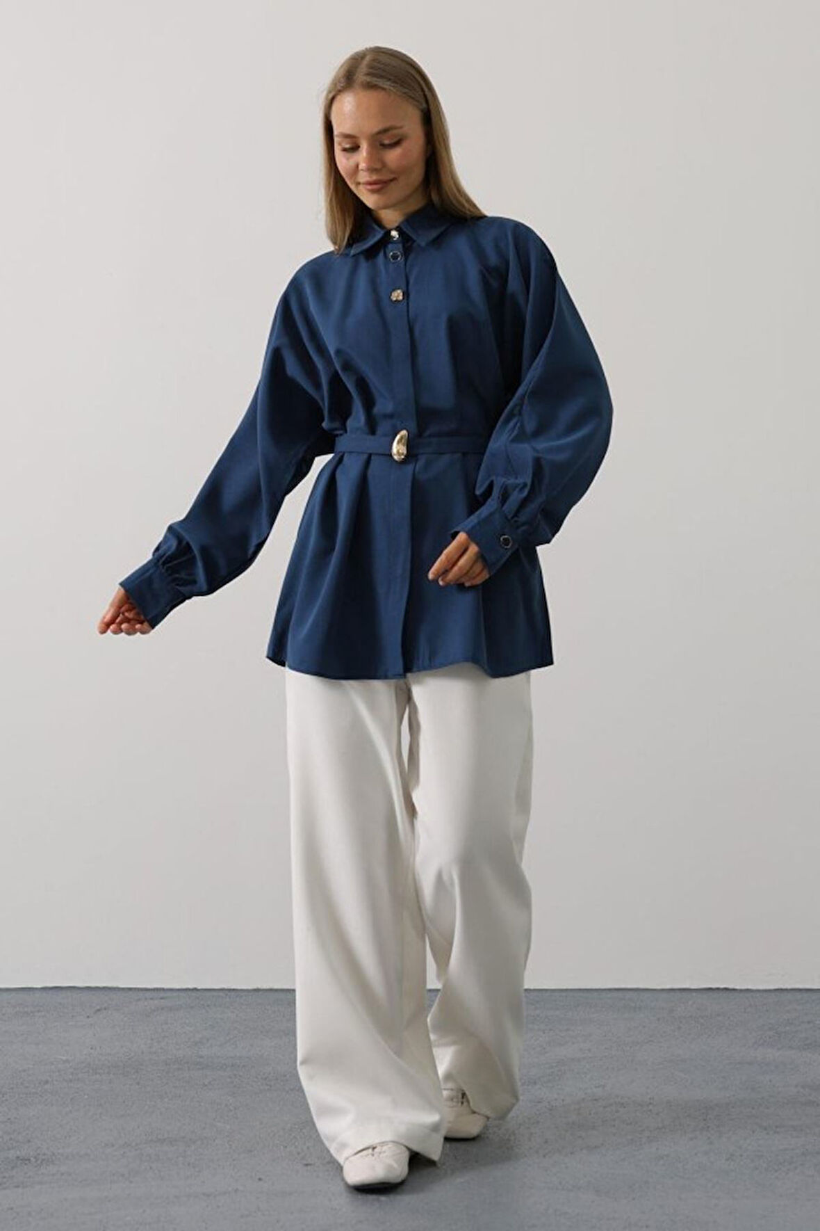 Kuşak Detaylı Tunik Gömlek - İndigo