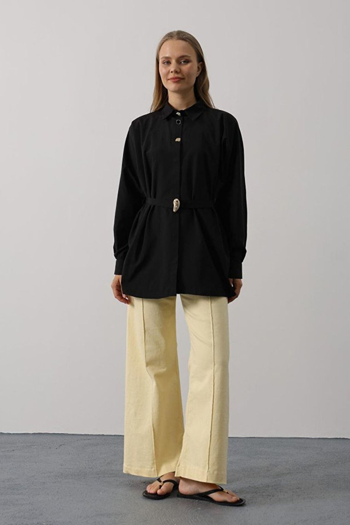 Kuşak Detaylı Tunik Gömlek - Siyah