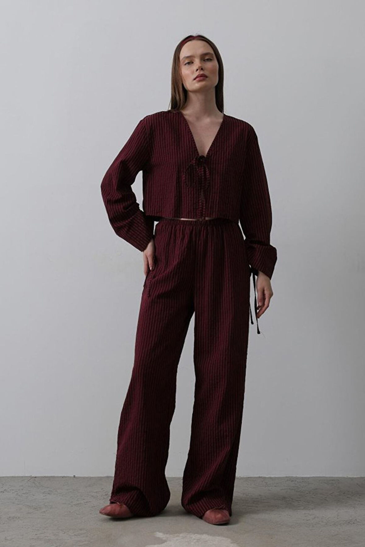 Önü Bağlamalı Crop Takım - Bordo