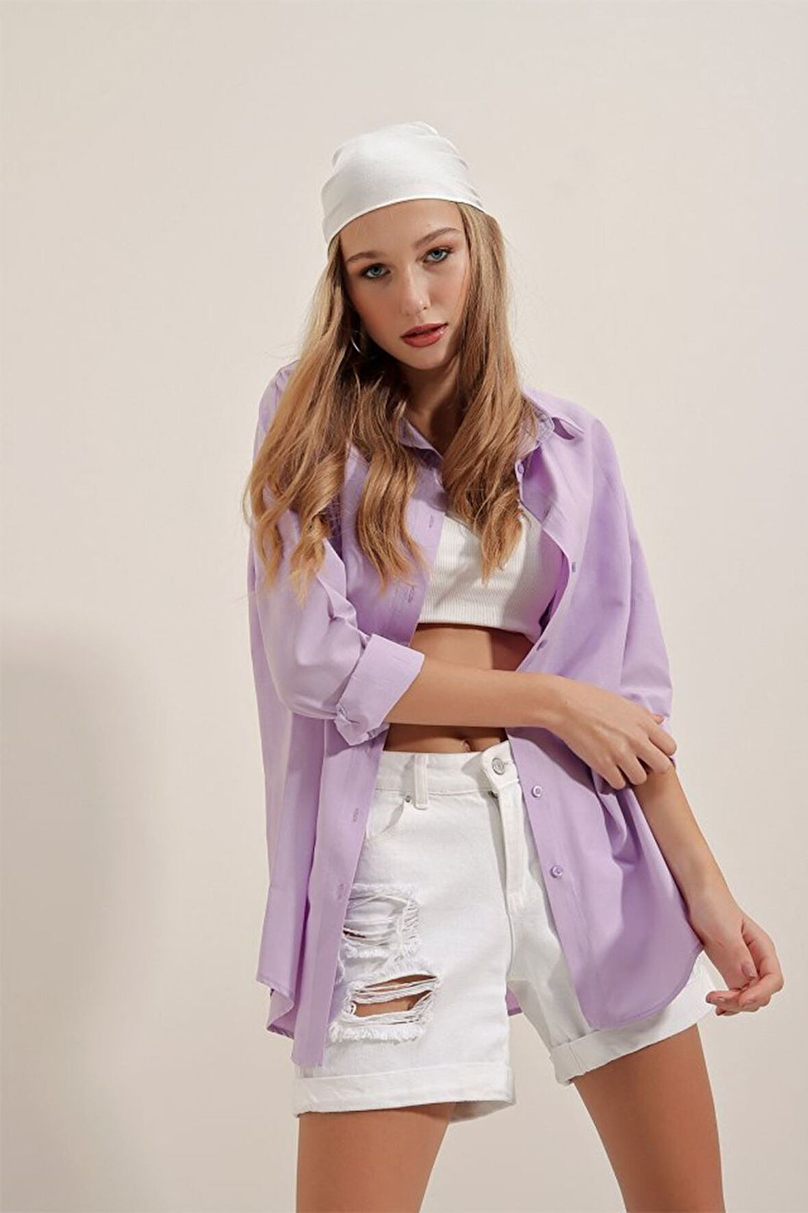 3900 Oversize Uzun Basic Gömlek - Lila