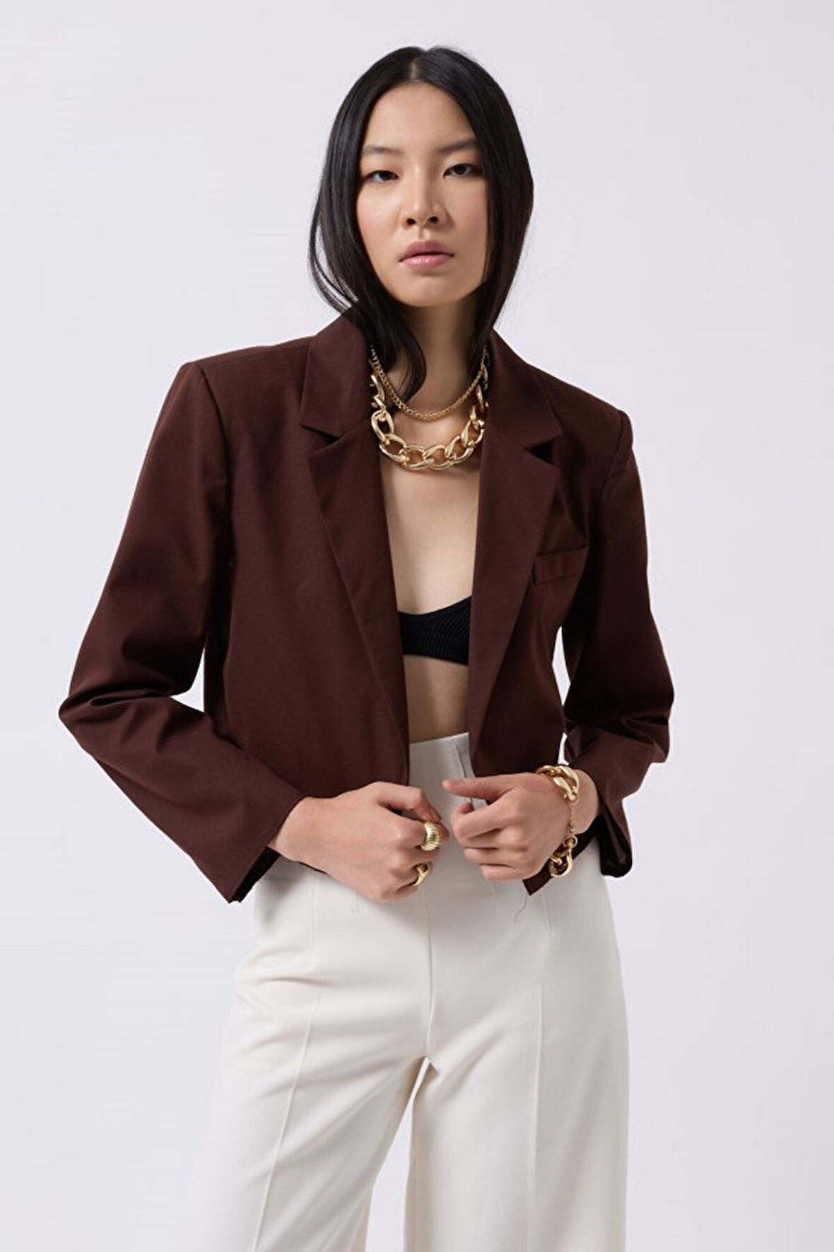Crop Keten Blazer Ceket