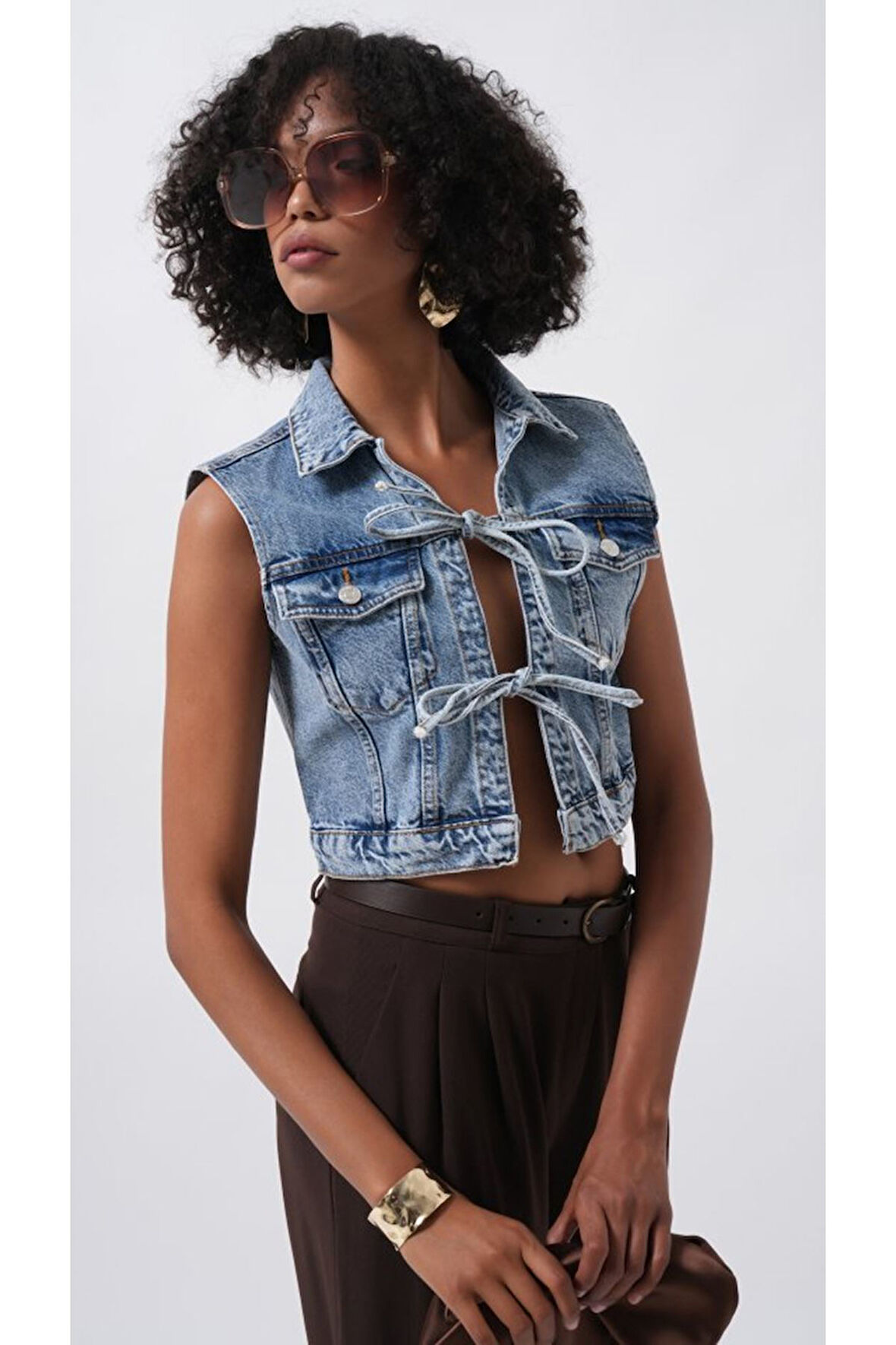 Bağlama Detay Denim Yelek