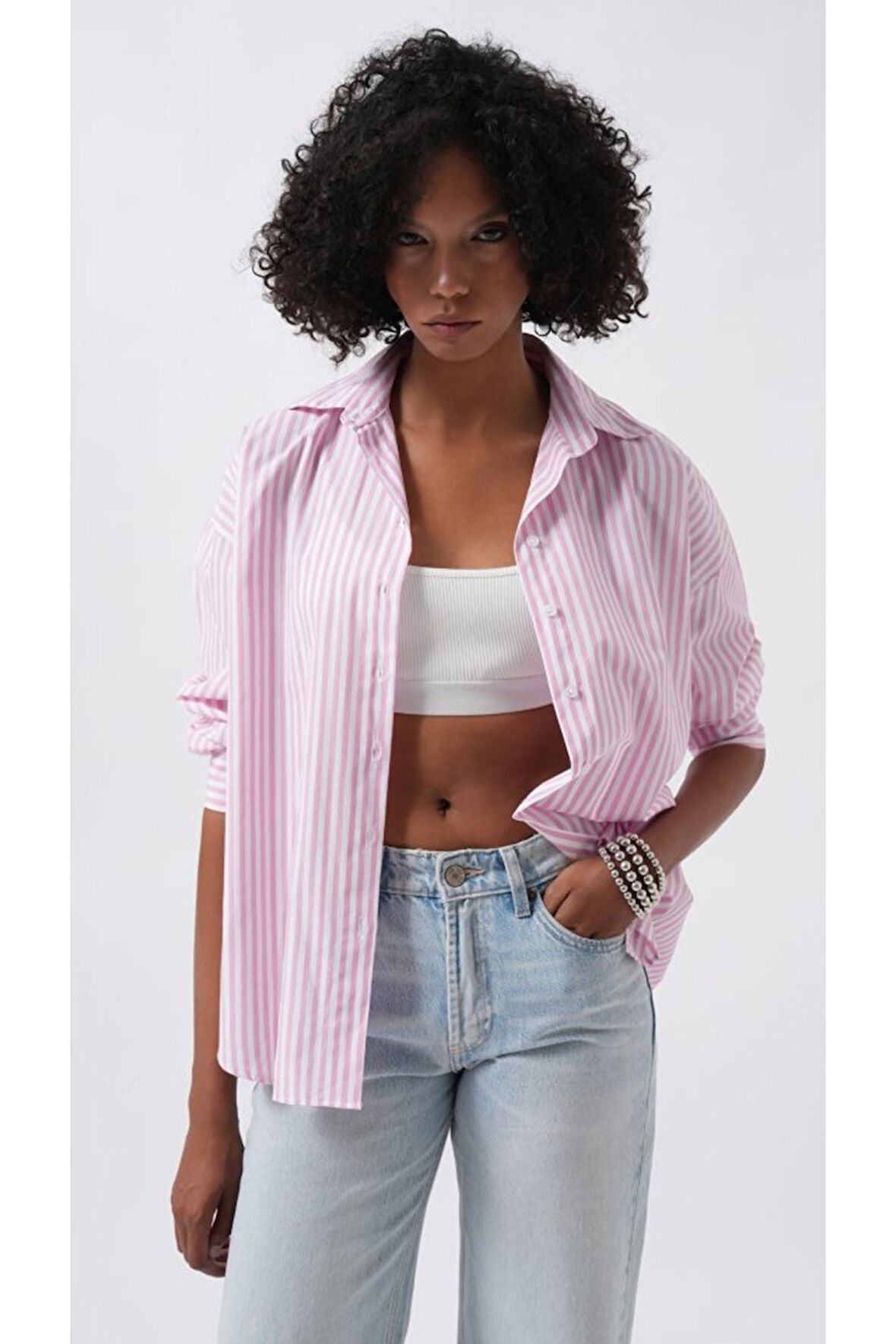 Çizgili Detay Oversize Gömlek