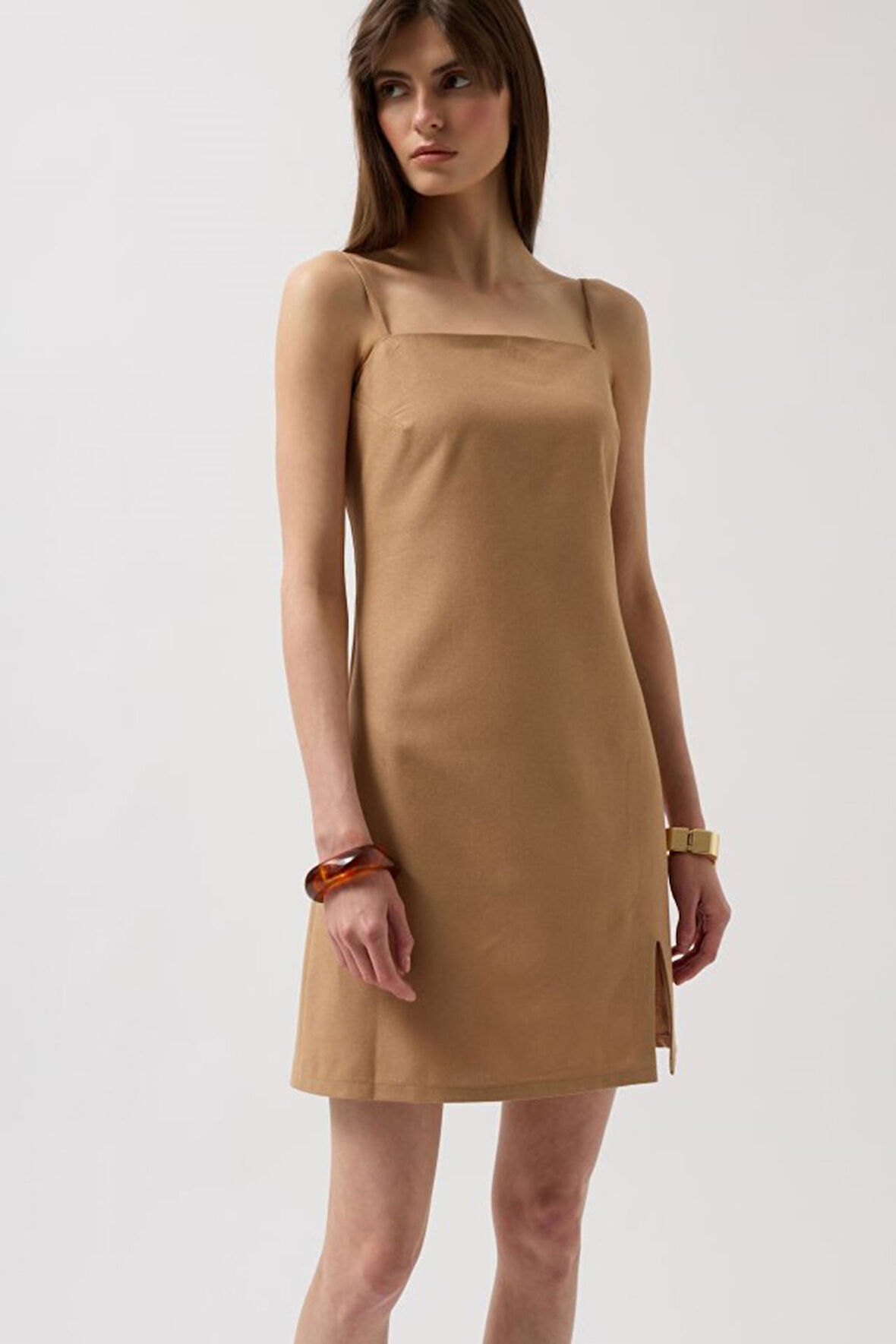 İp Askılı Yırtmaç Detay Keten Mini Elbise