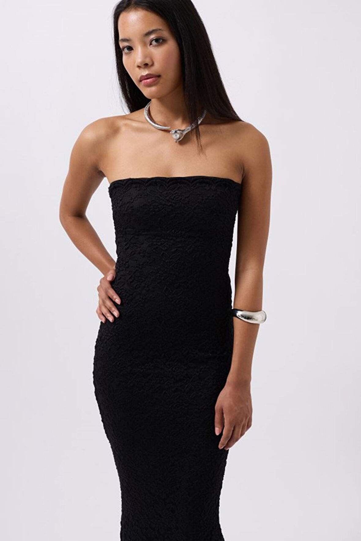 Straplez Dantel Maxi Elbise