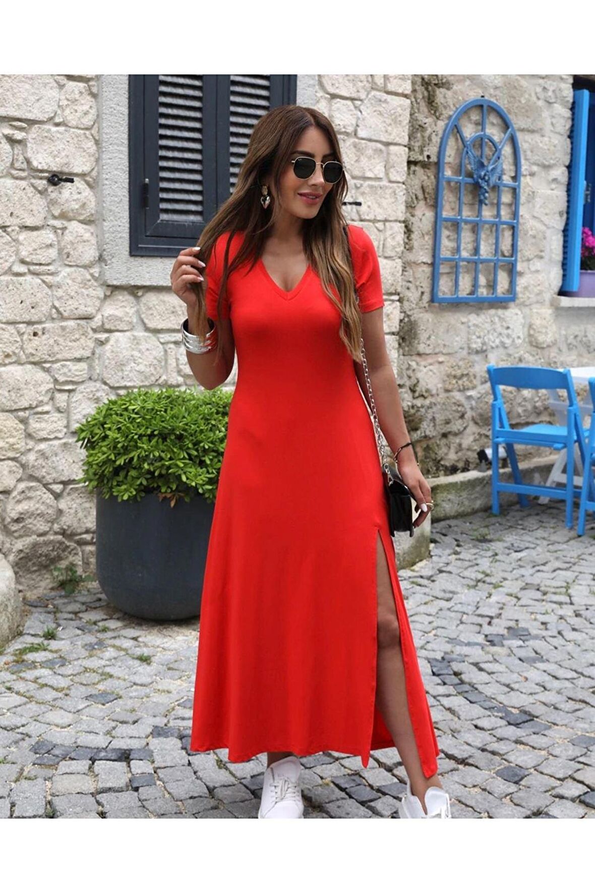 Kadın Kısa Kollu V Yaka Maxi Boy Elbise 124 Cm