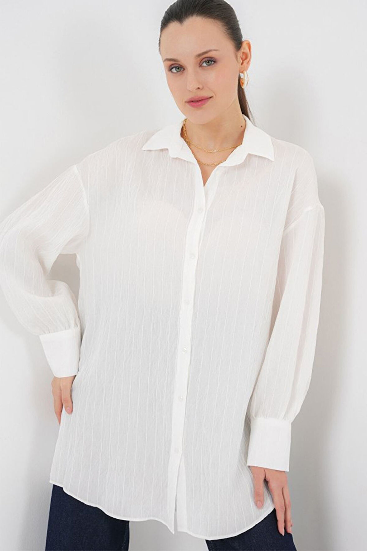 Çizgili Uzun Gömlek Tunik 5963 - Beyaz