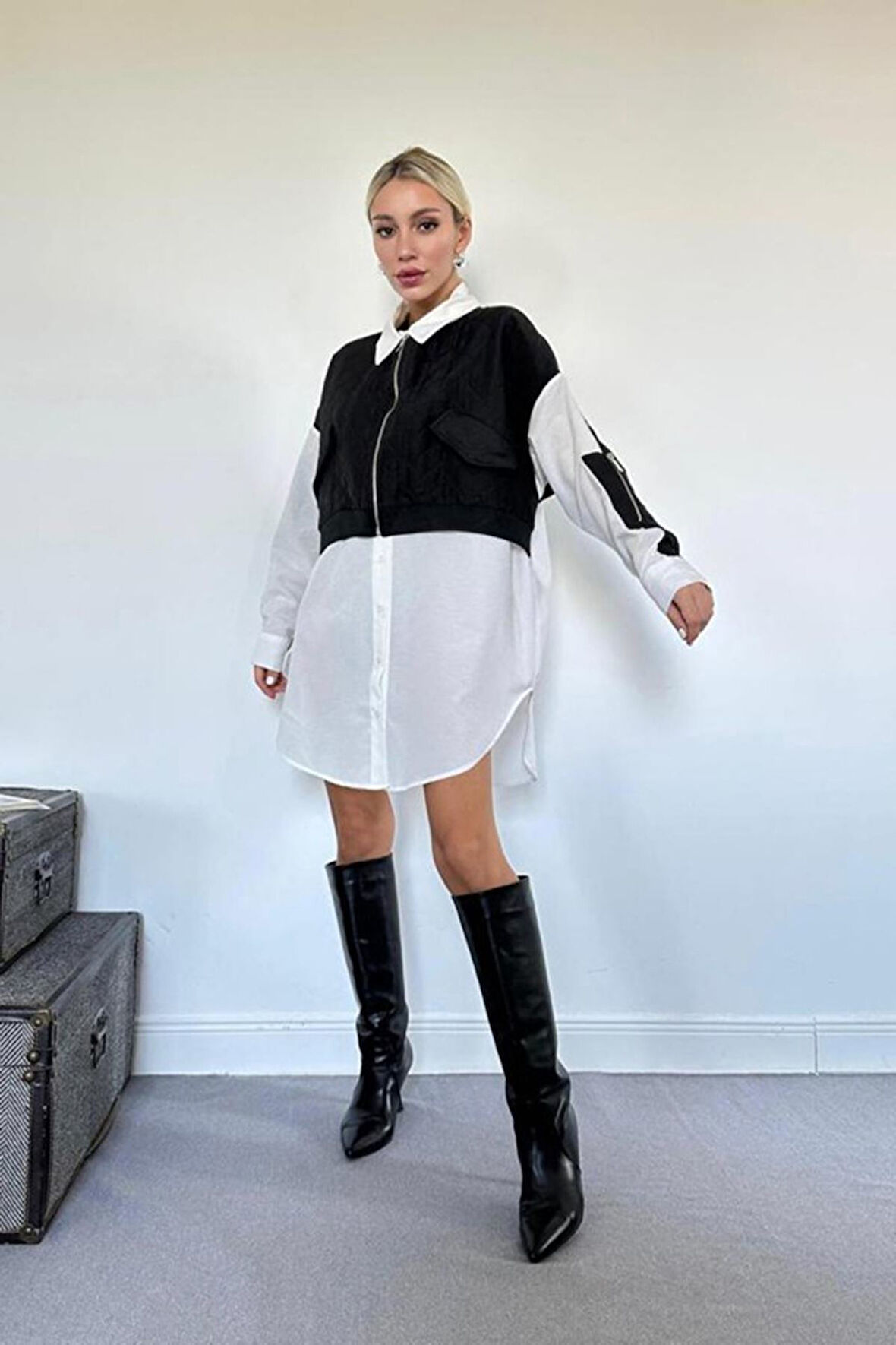 Siyah Kapitone Garnili Gömlek