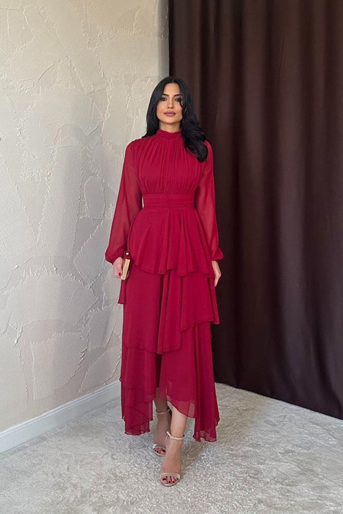 Bordo Bel Detaylı Elbise