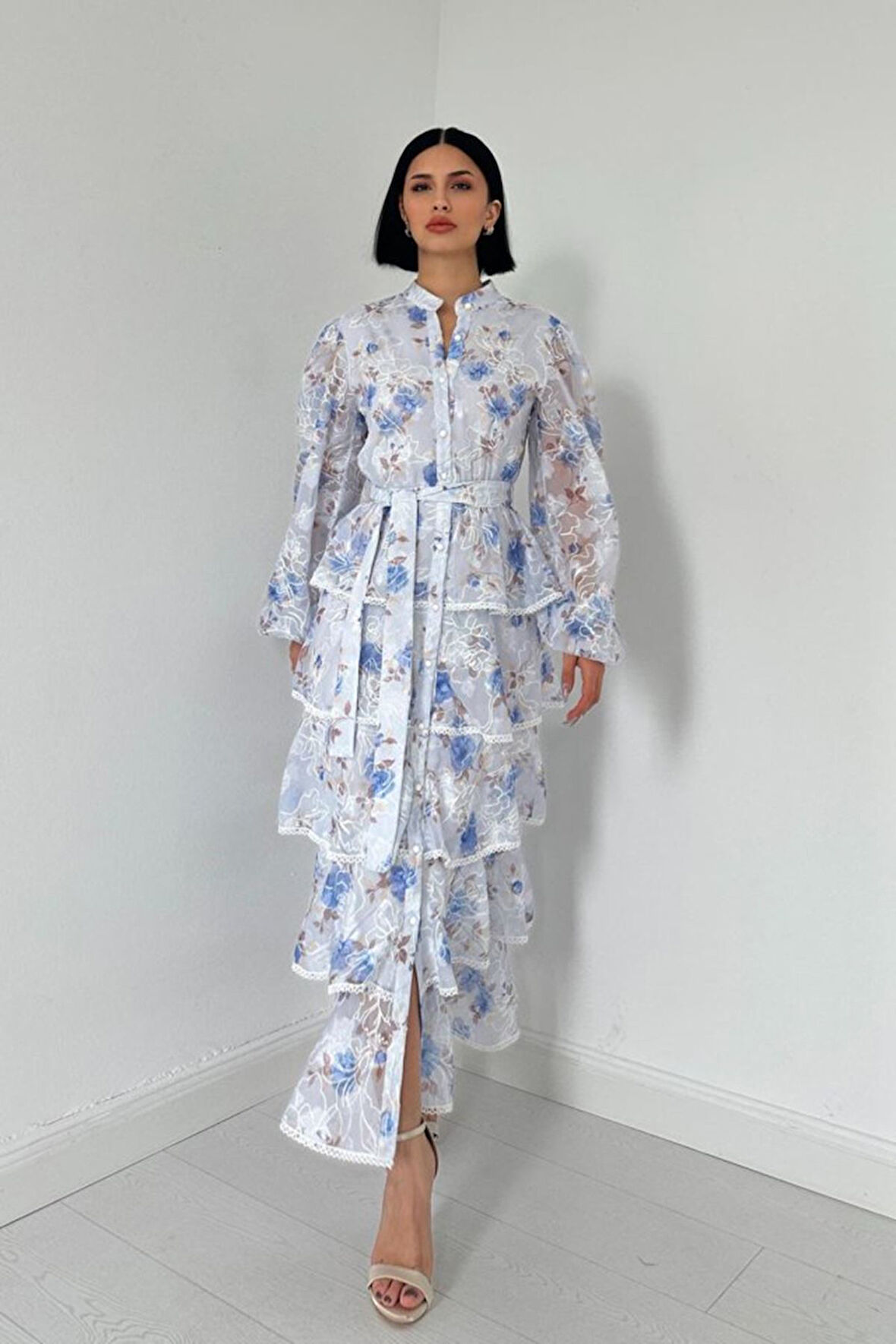 Mavi Valonlu Şeritli Kat Kat Elbise