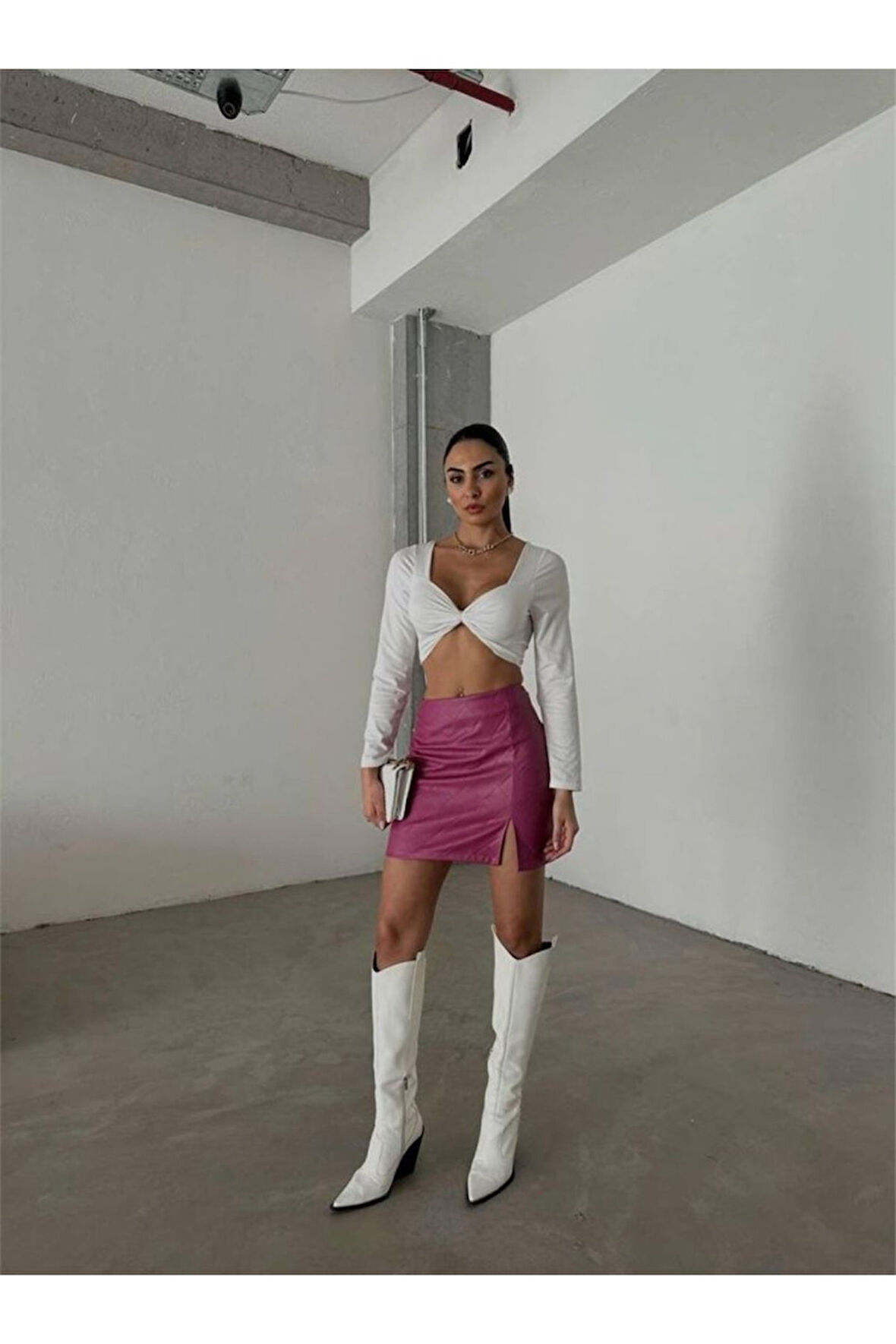 KAPİTONE DERİ ETEK YIRTMAÇLI - Fuşya