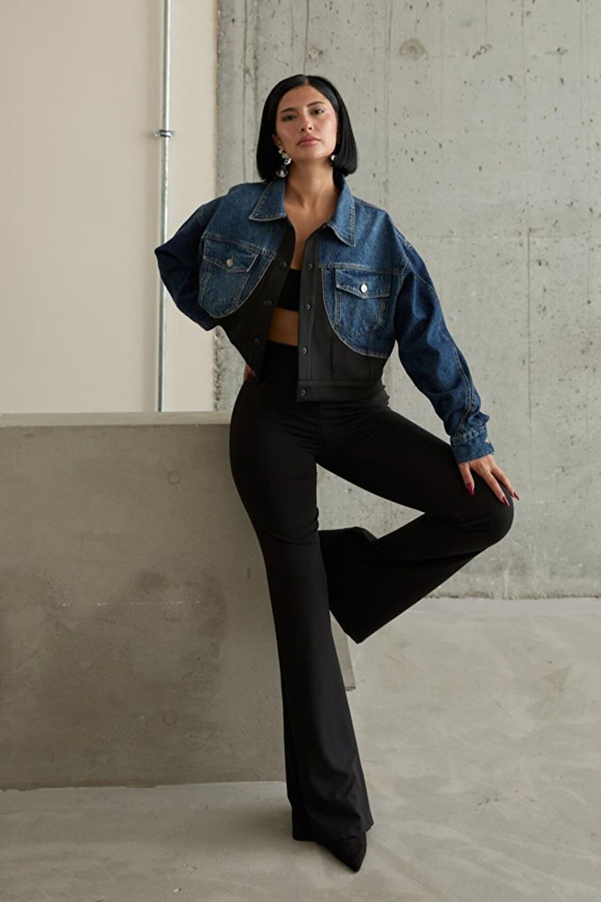 Siyah Denim Scuba Garnili Ceket