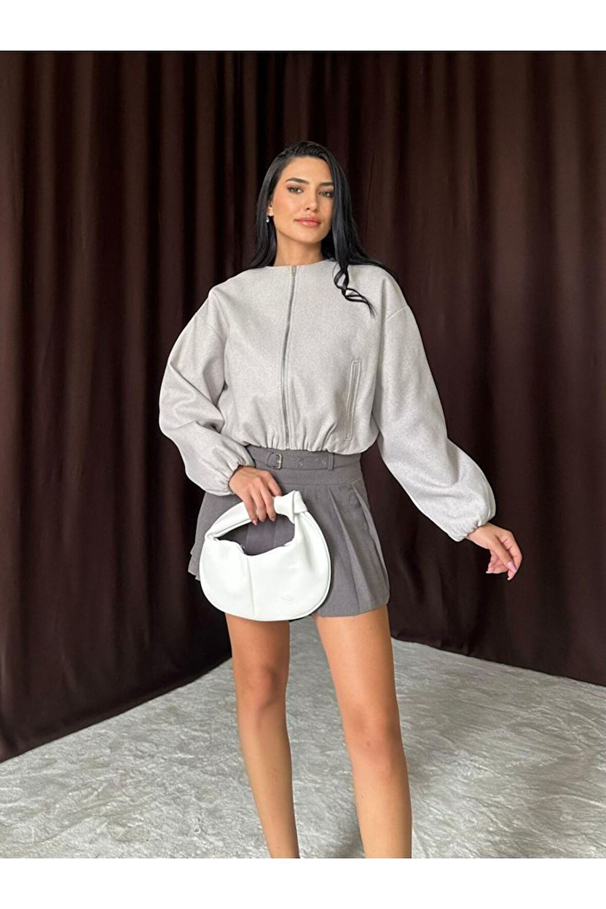 Gri Kısa Önü Fermuarlı Bomber Ceket