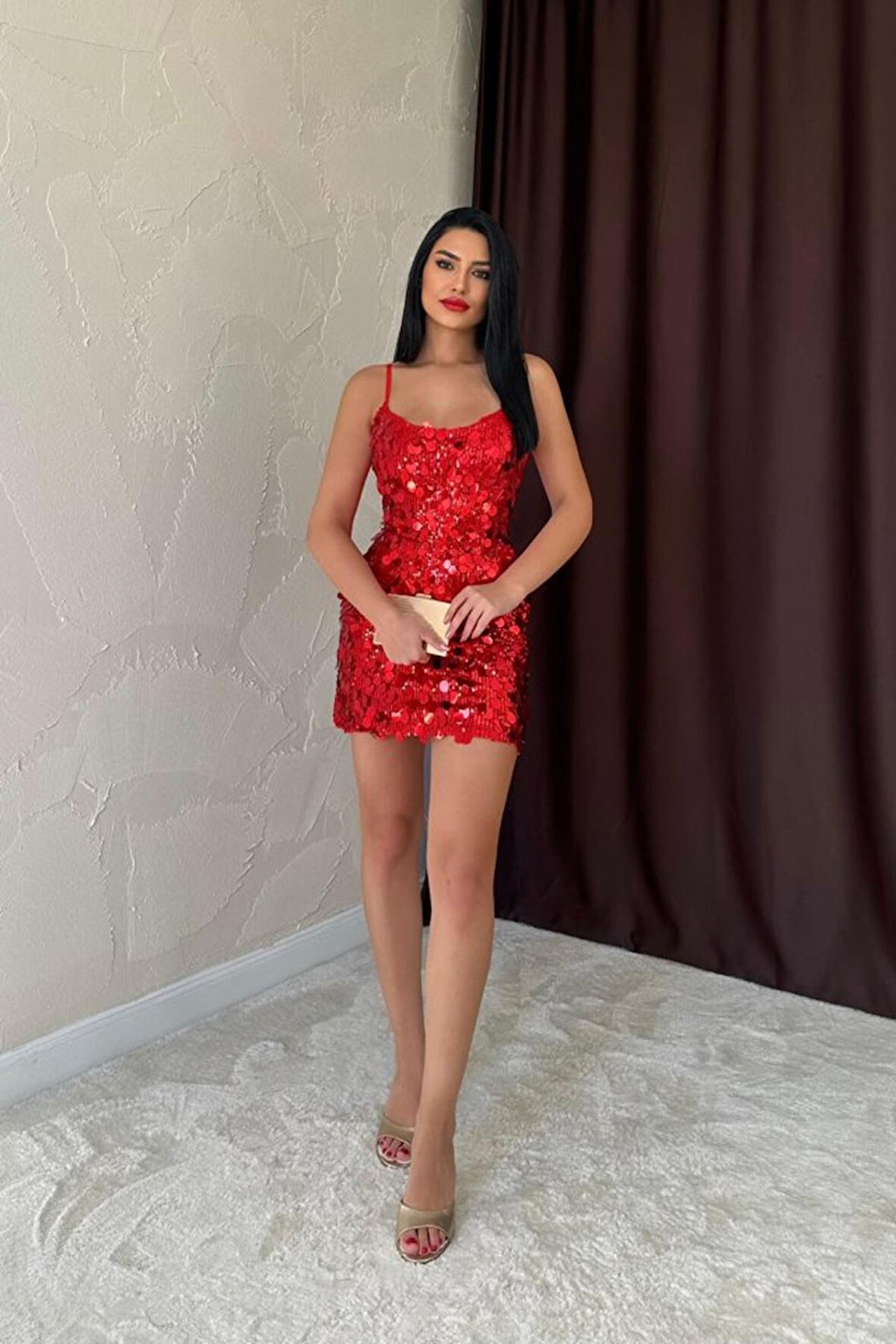 Kırmızı Payetli Askılı Elbise