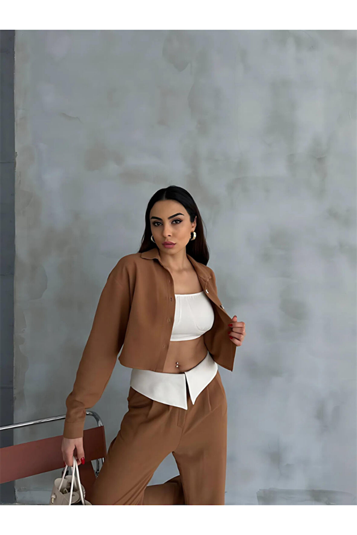 KETEN GÖMLEK-CROP-SALAŞ PANTOLON TAKIM - Kahverengi