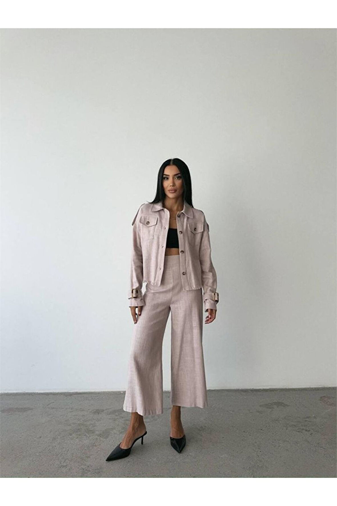 KETEN PÜSKÜL DETAYLI GÖMLEK-PANTOLON TAKIM - Vizon