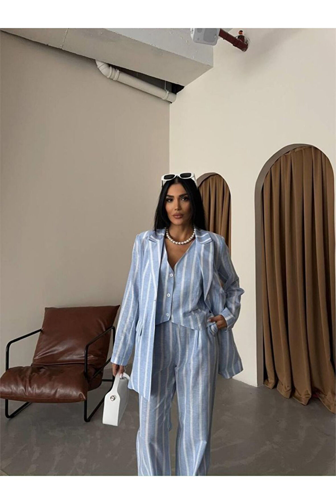 ÇİZGİLİ CEKET KETEN - Mavi