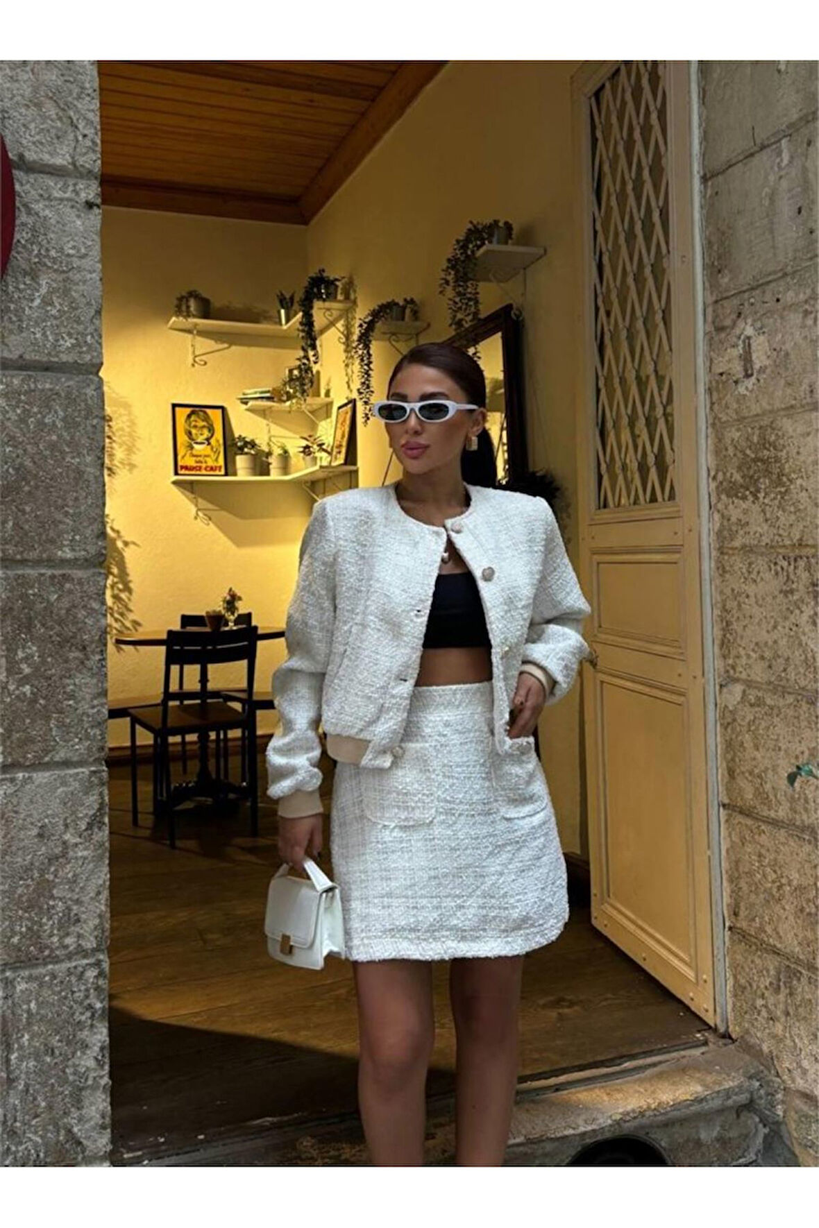 CHANEL CROP CEKET-KISA ETEK TAKIM - Beyaz