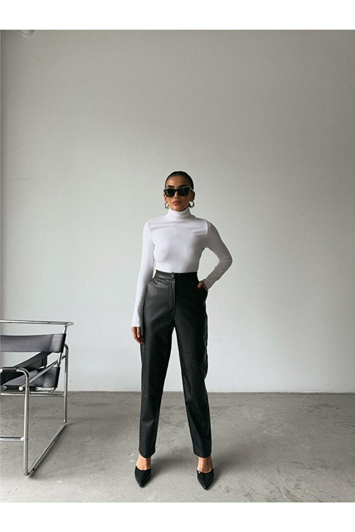 DERİ PANTOLON DİZ PARÇALI - Siyah